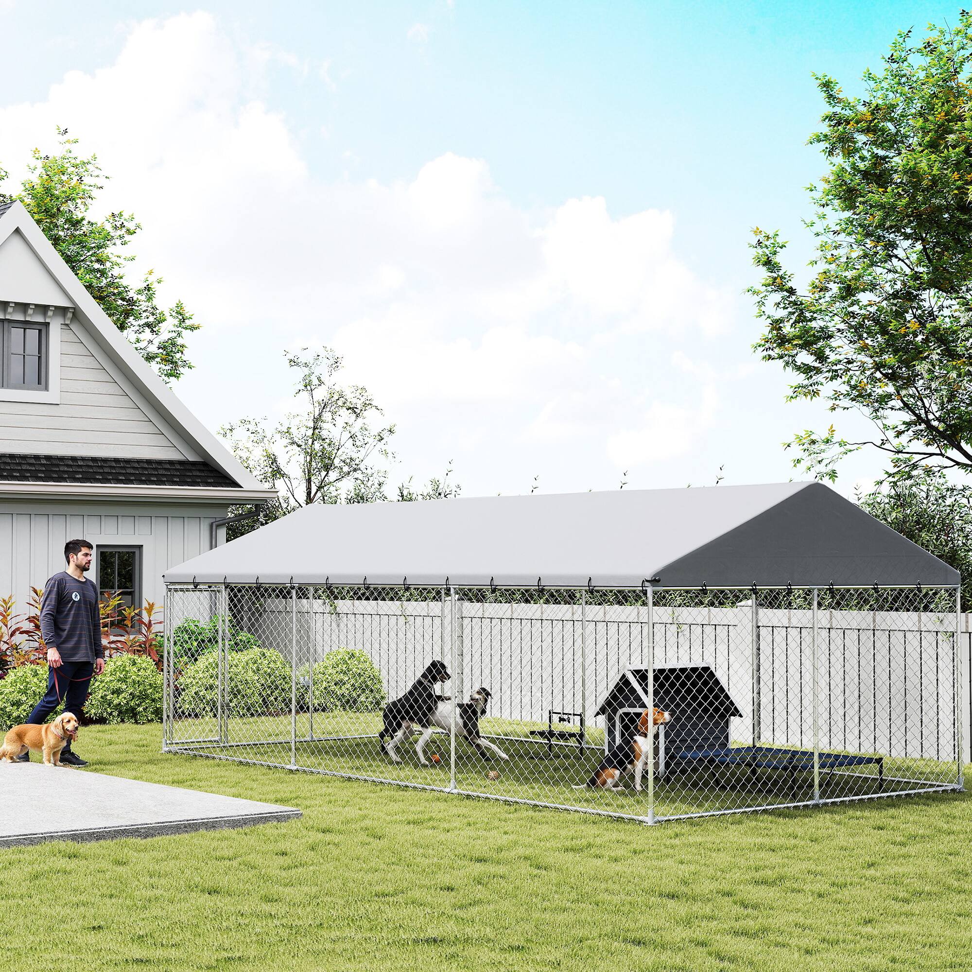 Alt View 1. Pawhut - Duty Outdoor Dog Kennel with Waterproof Roof, 2 Secure Latches, Chain Link Dog Run for Backyard - Silver.