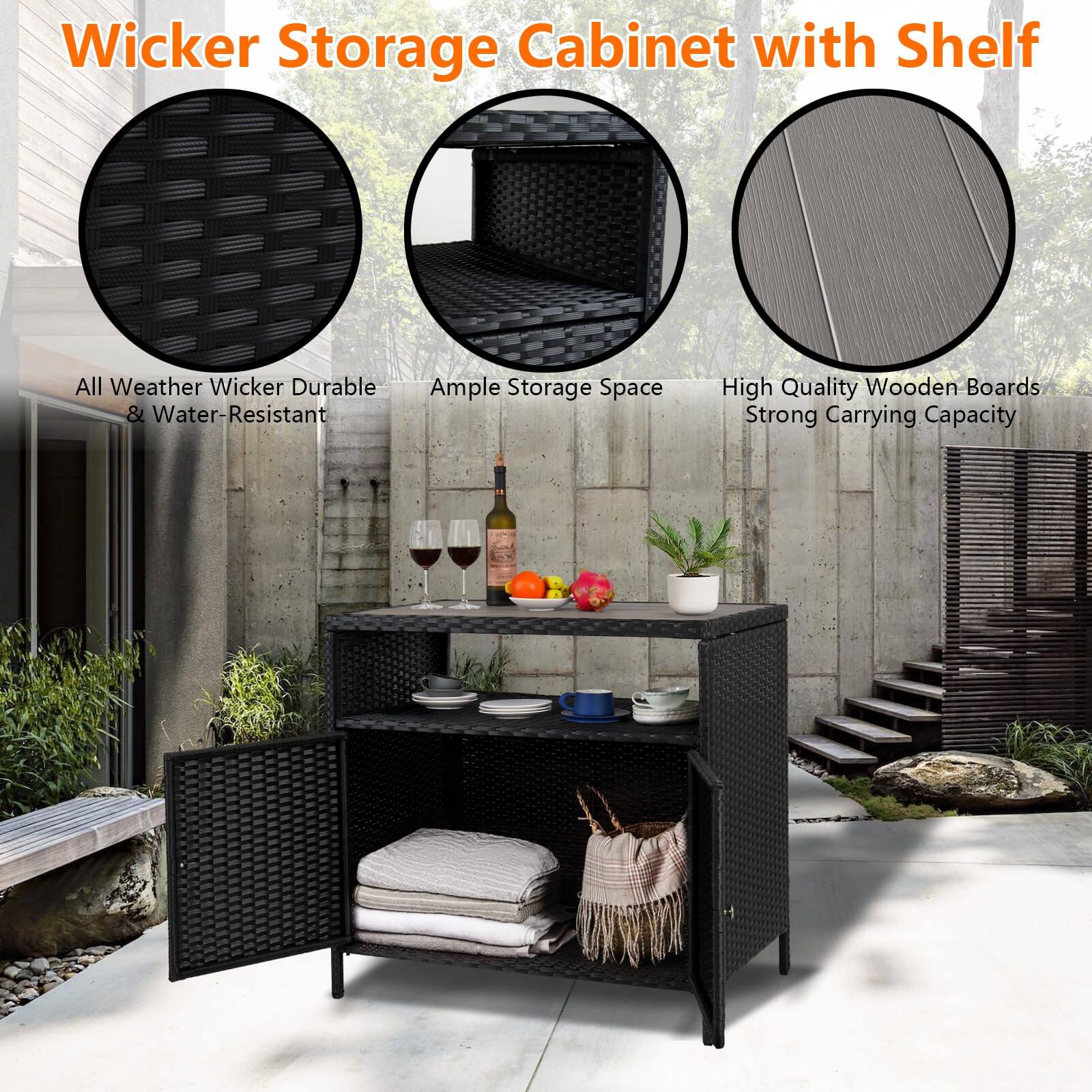 Wicker Storage Cabinet with Shelf

- All Weather Wicker Durable & Water-Resistant
- Ample Storage Space
- High Quality Wooden Boards Strong Carrying Capacity