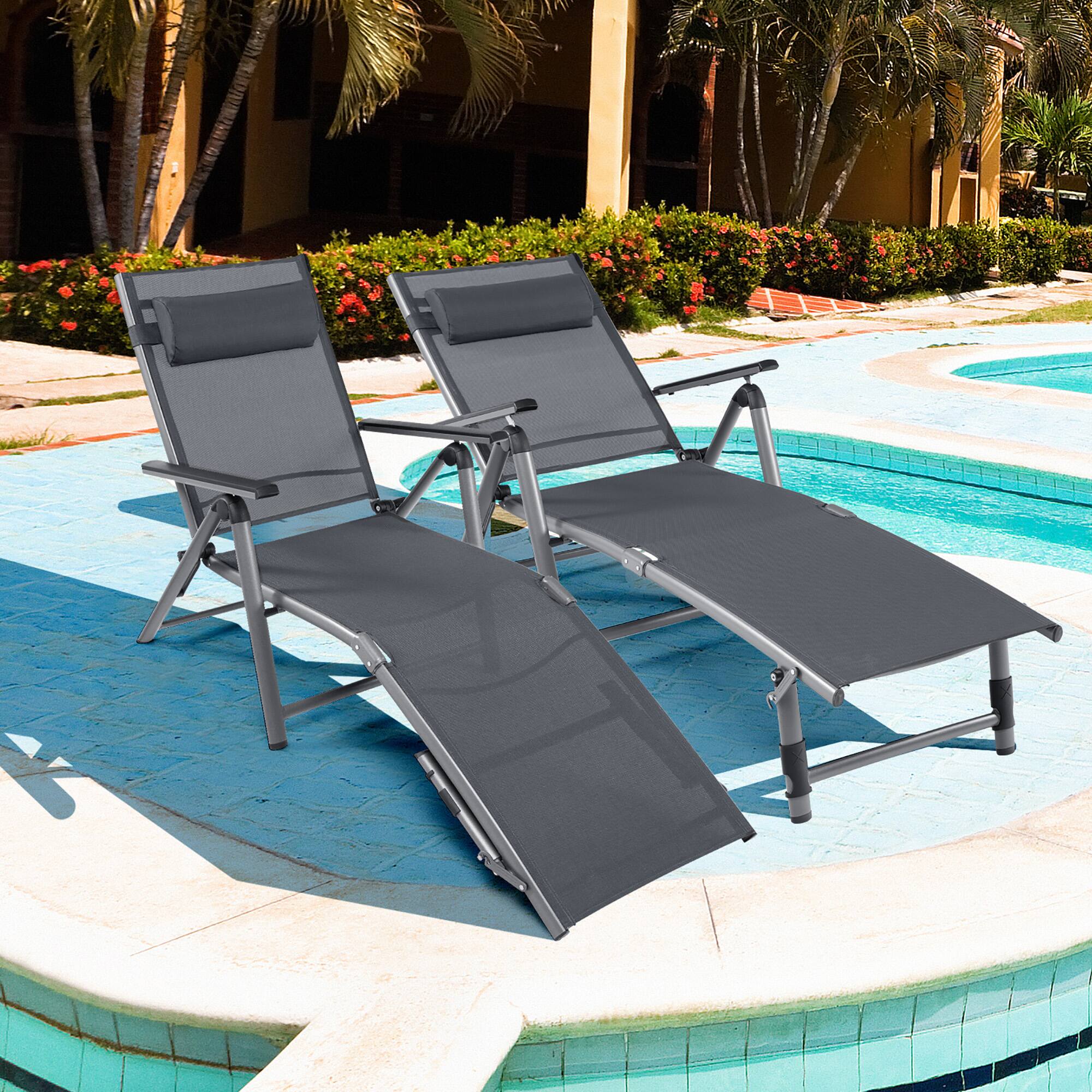 Alt View 1. Costway - Costway 2PCS Patio Folding Aluminum Lounge Chair Chaise Adjustable Back Armrest Headrest - Black.