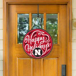 Evergreen Enterprises - Nebraska Huskers 18" Happy Holidays Wooden Round Door Sign - Multicolor