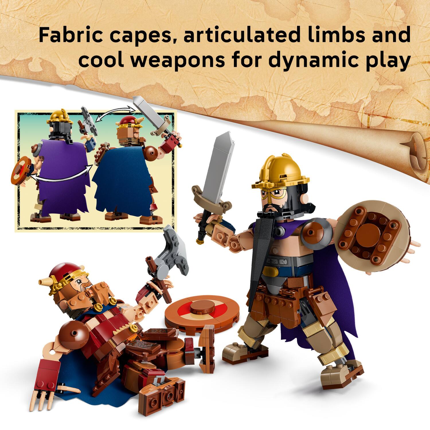 Fabric capes, articulated limbs and cool weapons for dynamic play