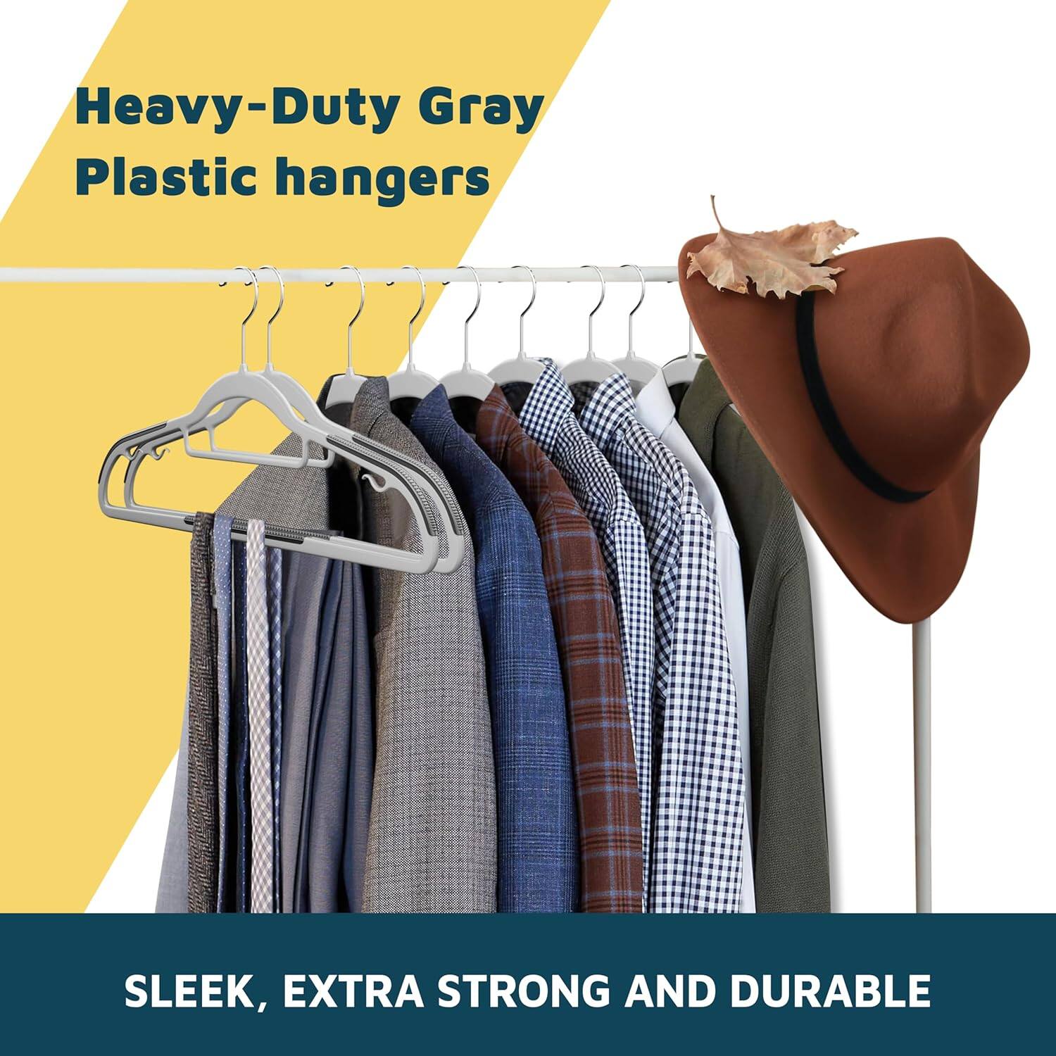 Heavy-Duty Gray Plastic hangers are sleek, extra strong and durable.