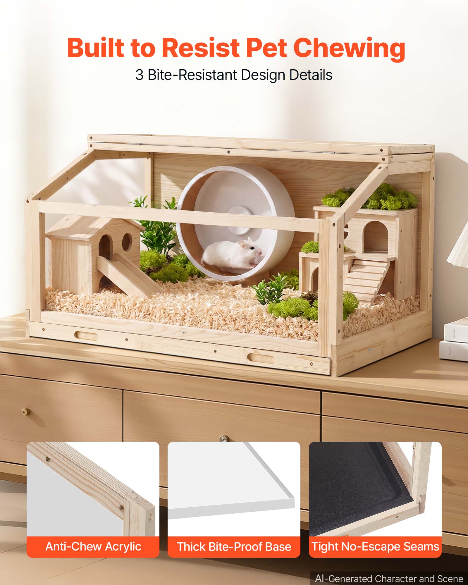 Built to Resist Pet Chewing  
3 Bite-Resistant Design Details  
Anti-Chew Acrylic  
Thick Bite-Proof Base  
Tight No-Escape Seams  
AI-Generated Character and Scene