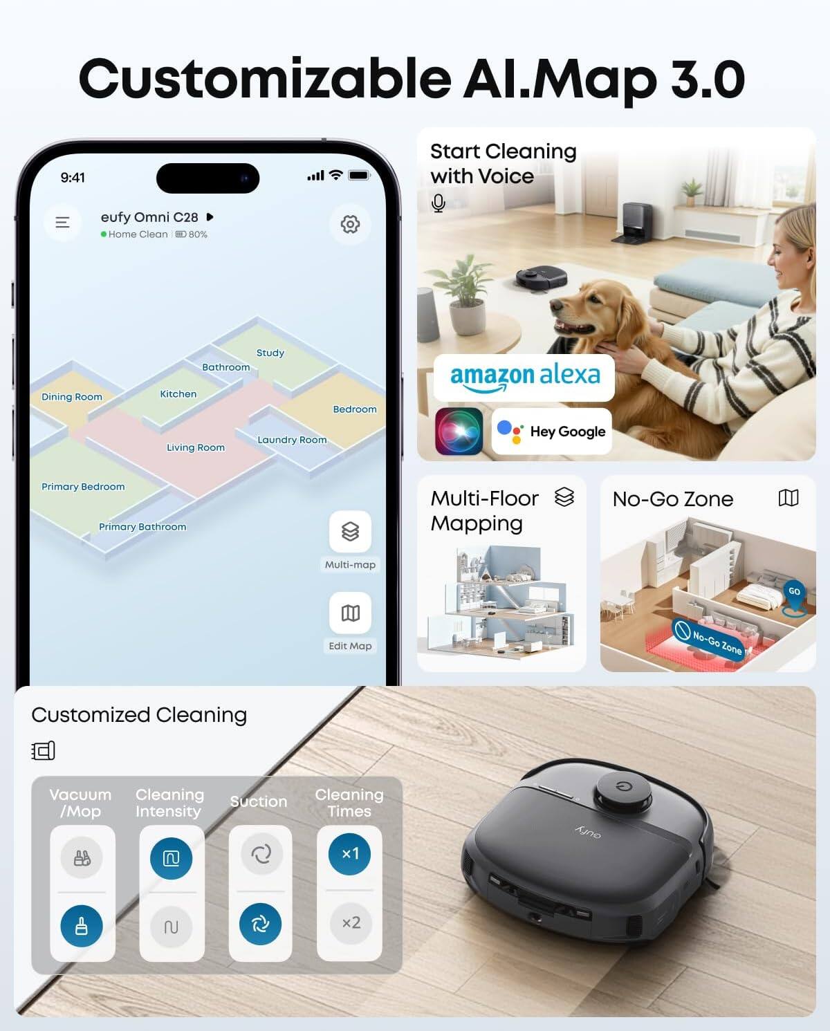 Customizable AI.Map 3.0

Start Cleaning with Voice

eufy Omni C28
Home Clean 80%

Dining Room
Kitchen
Living Room
Laundry Room
Primary Bedroom
Primary Bathroom
Study
Bathroom

Multi-Floor Mapping
No-Go Zone
Multi-map
Edit Map

Customized Cleaning

Vacuum / Mop
Cleaning Intensity
Suction
Cleaning Times

x1
x2

amazon alexa
Hey Google