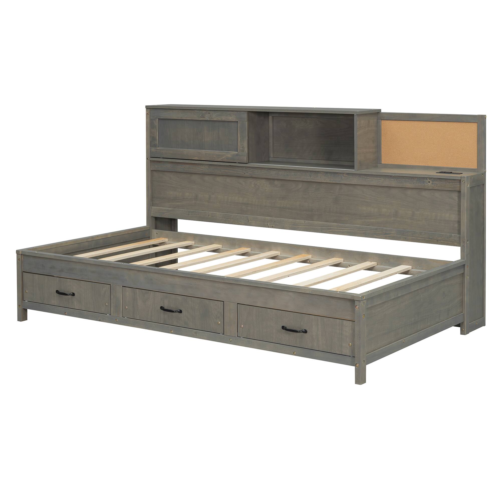 Alt View 1. Tiramisubest - Twin Size Wooden Daybed with 3 Storage Drawers, Upper Soft Board, shelf, and a set of Sockets and USB Ports, Gray - Gray.