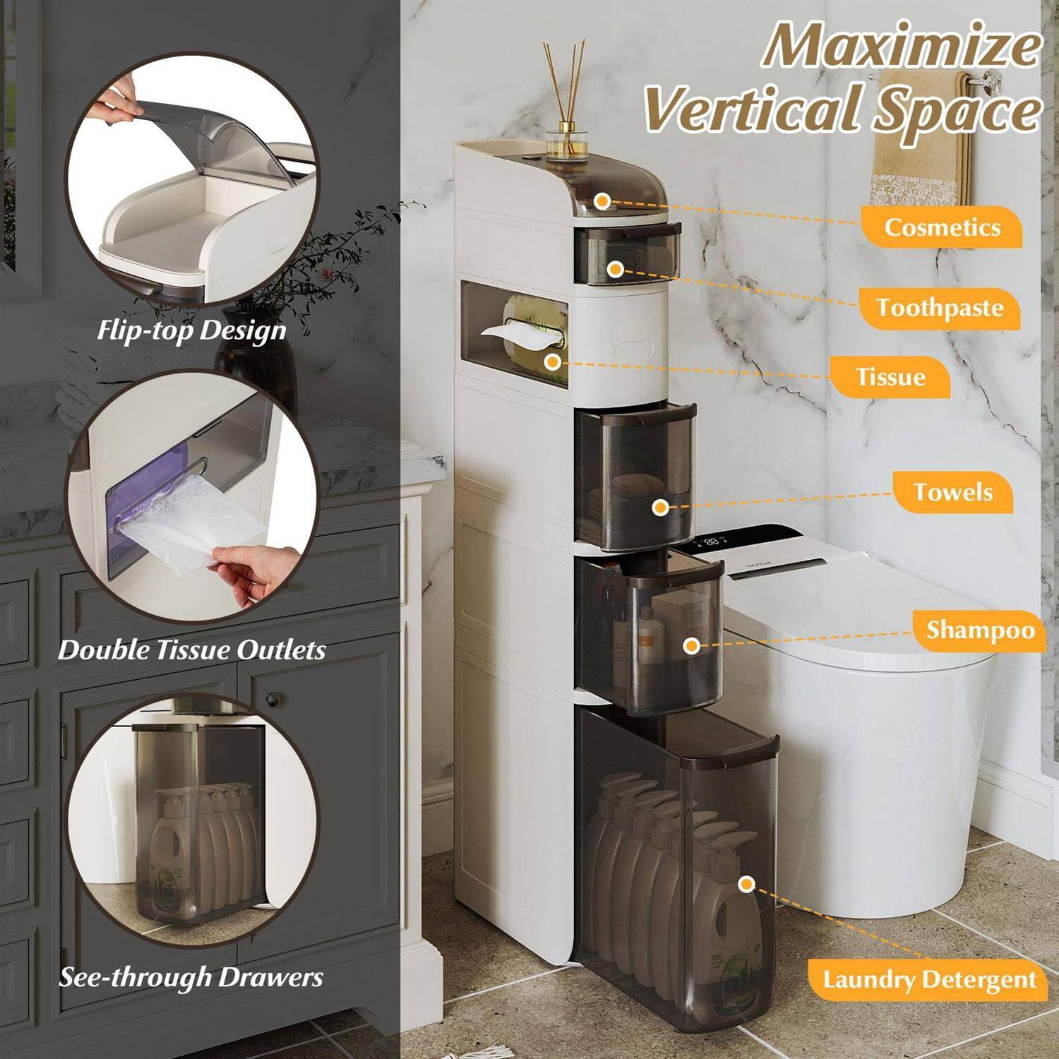 Maximize Vertical Space

- Cosmetics
- Toothpaste
- Tissue
- Towels
- Shampoo
- Laundry Detergent

Flip-top Design

Double Tissue Outlets

See-through Drawers