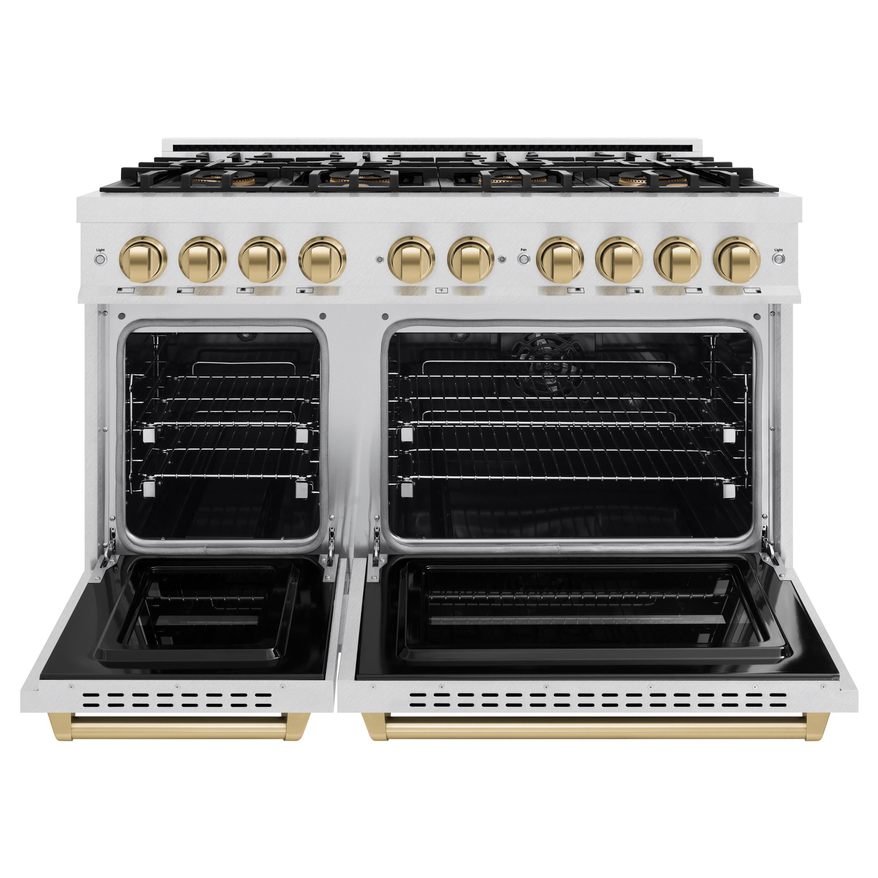 Angle. ZLINE - Autograph 48 in. 6.7 cu. ft. Classic Freestanding DuoPro Dual Fuel Range in Satin Stainless Steel and Bronze Accents - Satin Stainless Steel.