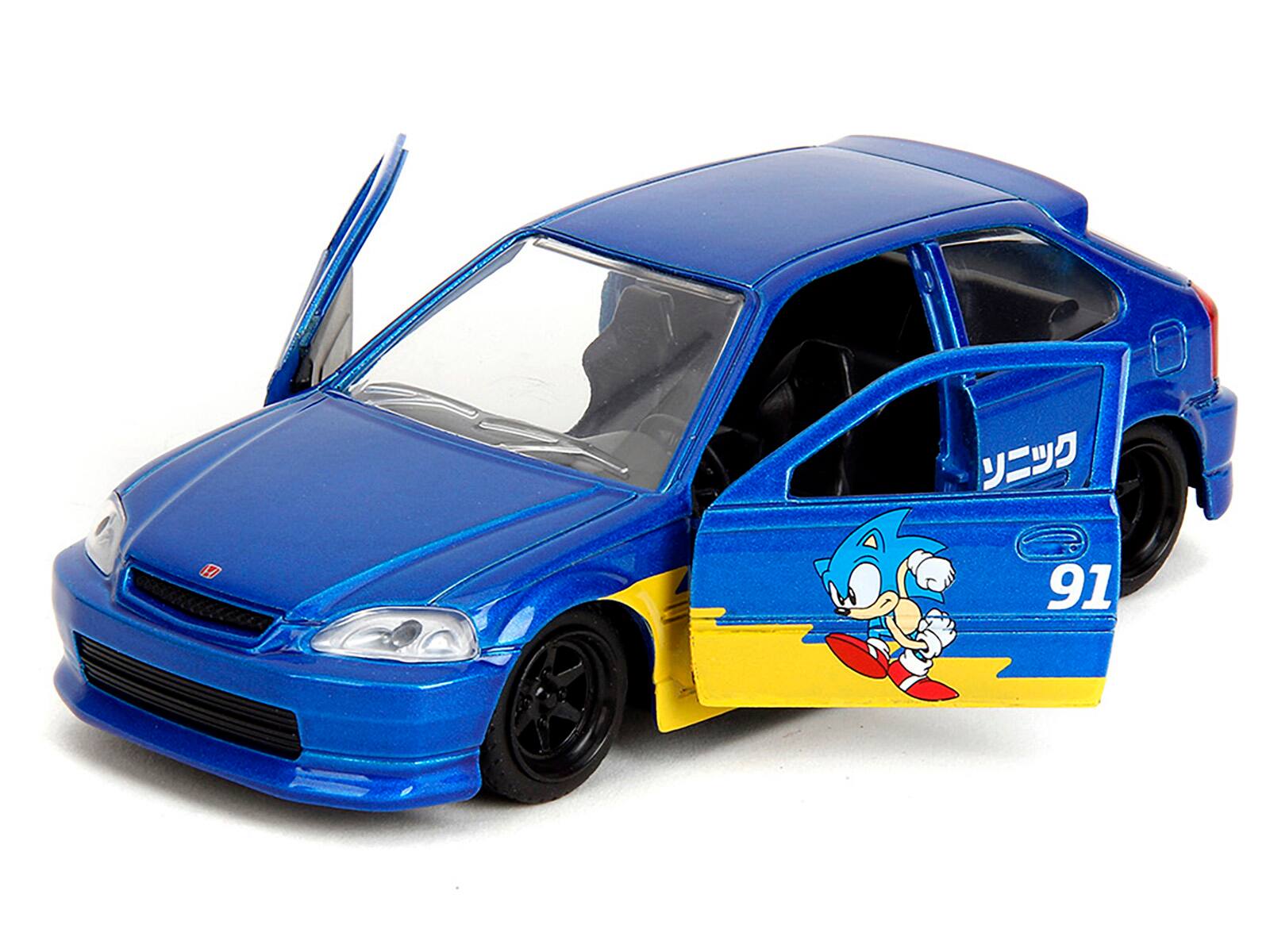 Angle. Jada - 1997 Honda Civic Type R Blue Metallic with Graphics "Sonic the Hedgehog" Video Game 1/32 Diecast Car by Jada - Blue Metallic.