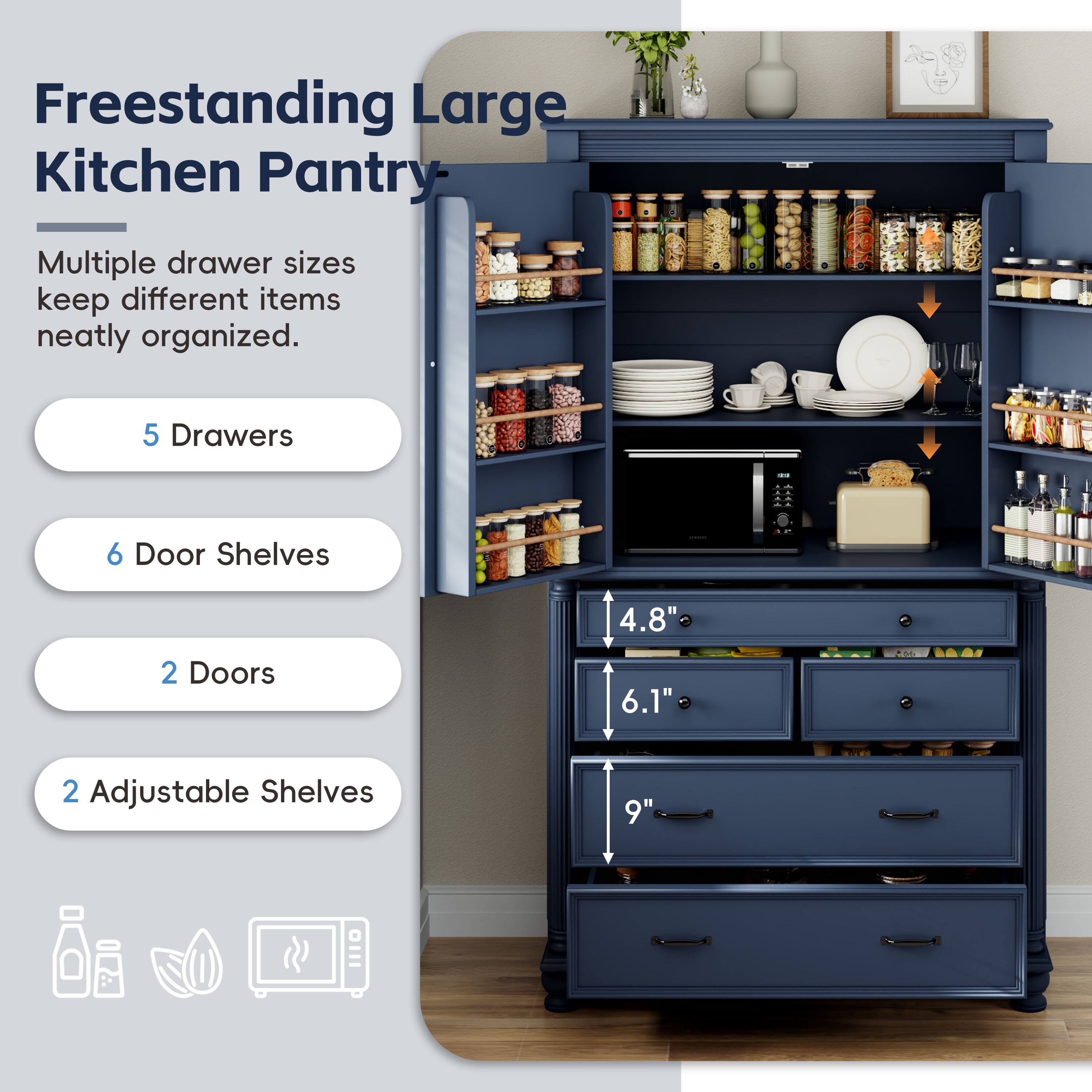 Freestanding Large Kitchen Pantry  
Multiple drawer sizes keep different items neatly organized.  

- 5 Drawers  
- 6 Door Shelves  
- 2 Doors  
- 2 Adjustable Shelves  

Drawer sizes:  
- 4.8"  
- 6.1"  
- 9"