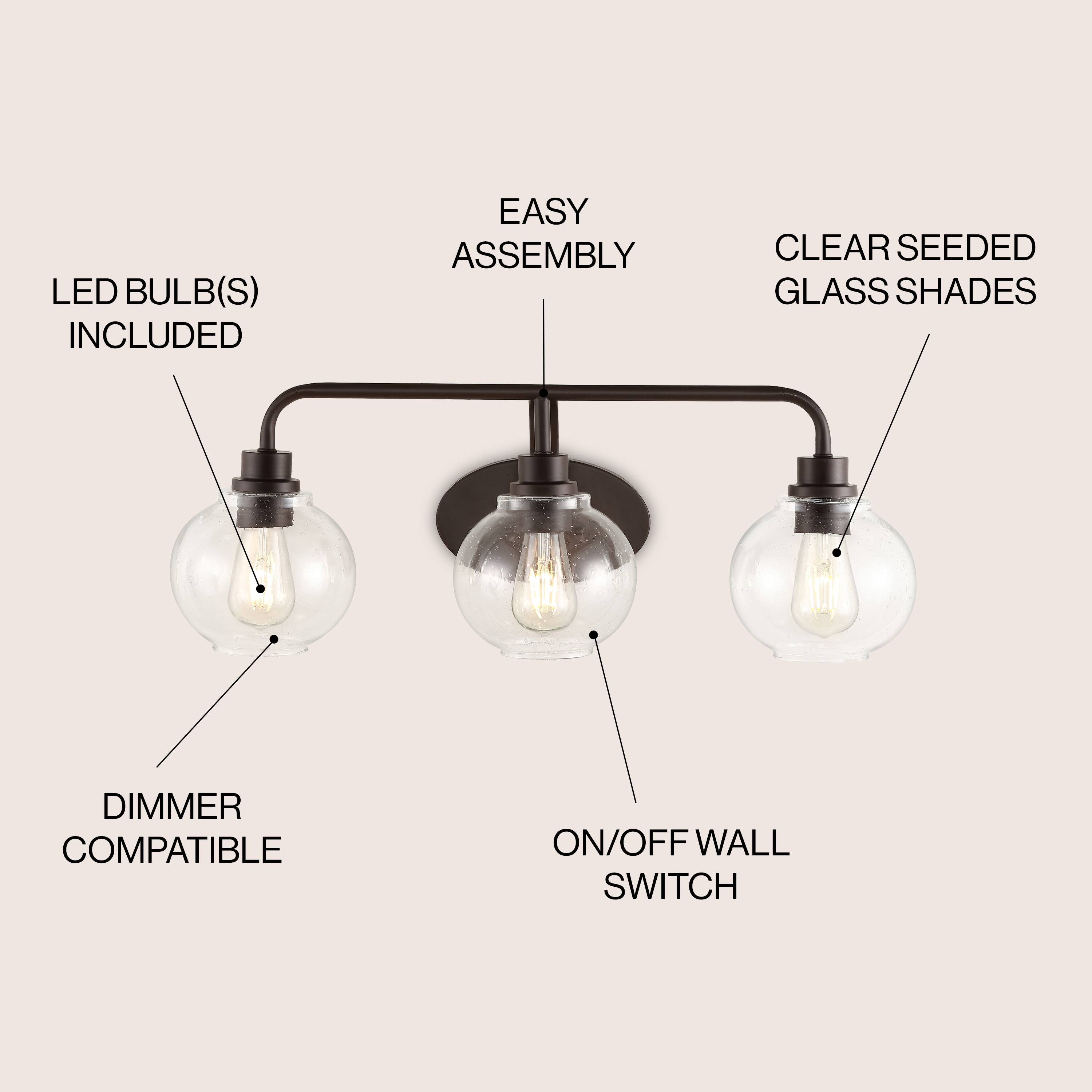 LED BULB(S) INCLUDED  
EASY ASSEMBLY  
CLEAR SEEDED GLASS SHADES  
DIMMER COMPATIBLE  
ON/OFF WALL SWITCH