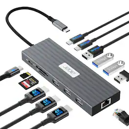 Acer - Docking Station 3 Monitors with 3 HDMI, 13-in-1 USB C Hub for Laptop with 4K@60Hz HDMI, 1 Gbps Ethernet, 10Gbps Data
