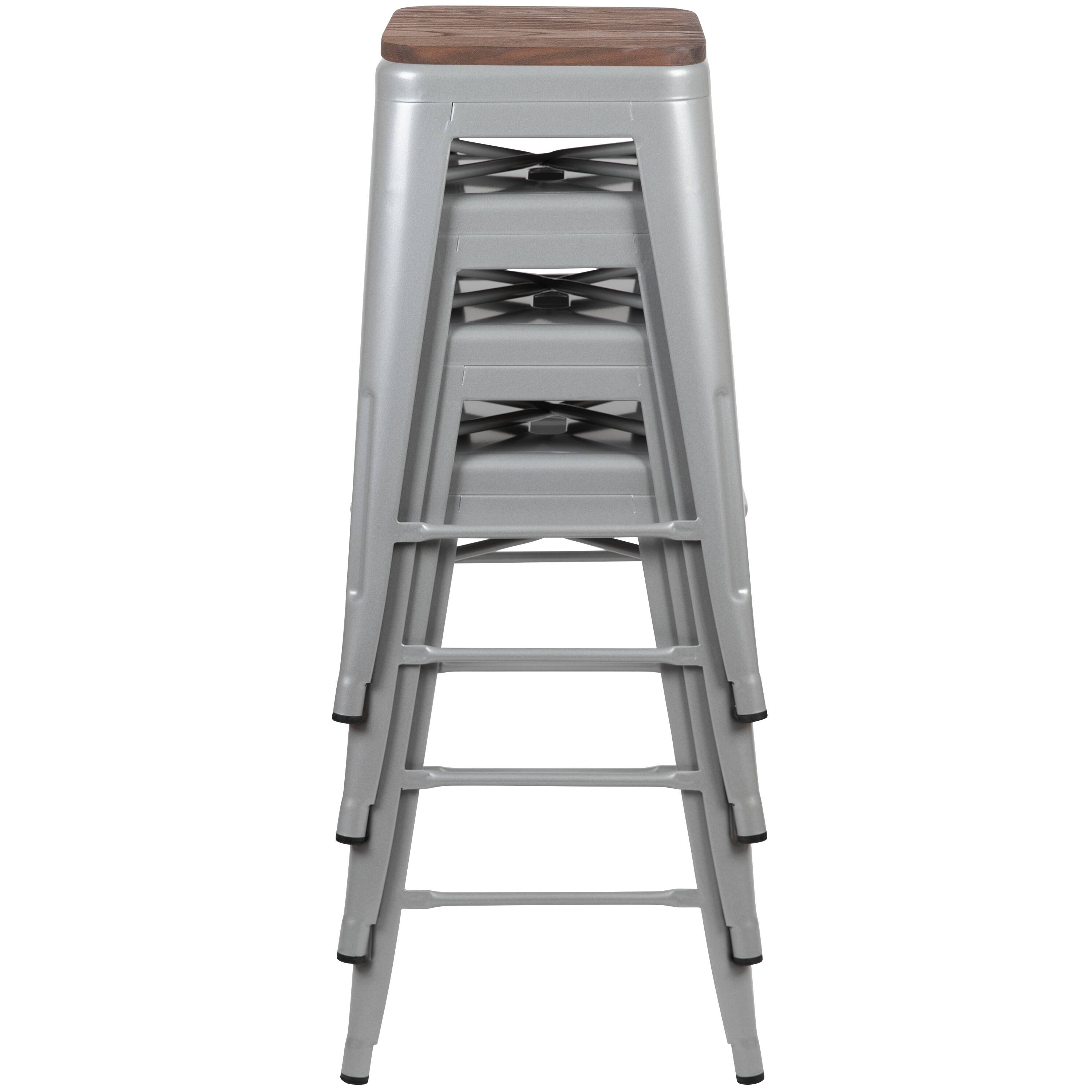 Alt View 10. Emma + Oliver - 24" High Metal Counter-Height, Indoor Bar Stool with Wood Seat - Stackable Set of 4 - Silver.