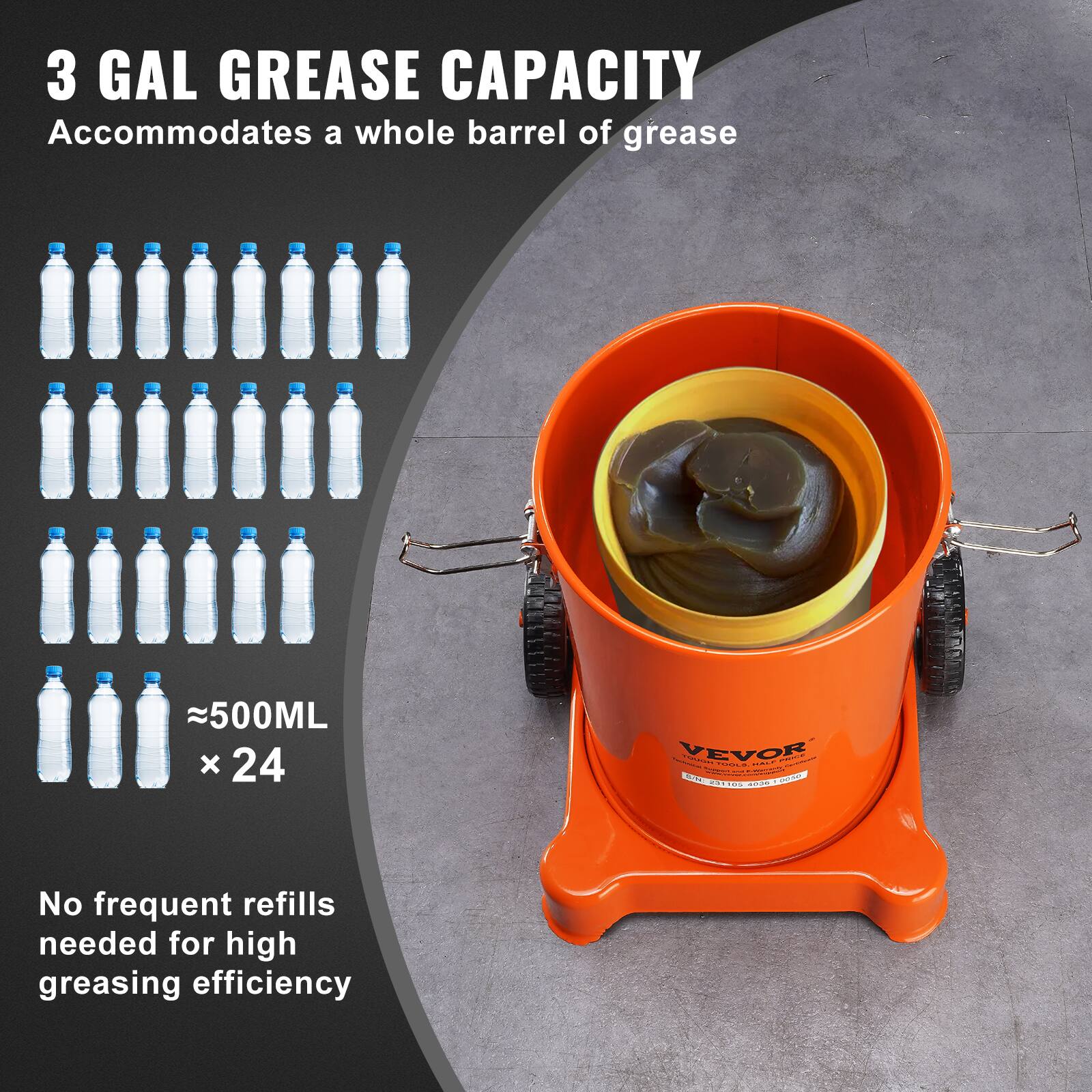 3 GAL GREASE CAPACITY  
Accommodates a whole barrel of grease  

≈500ML x 24  

No frequent refills needed for high greasing efficiency