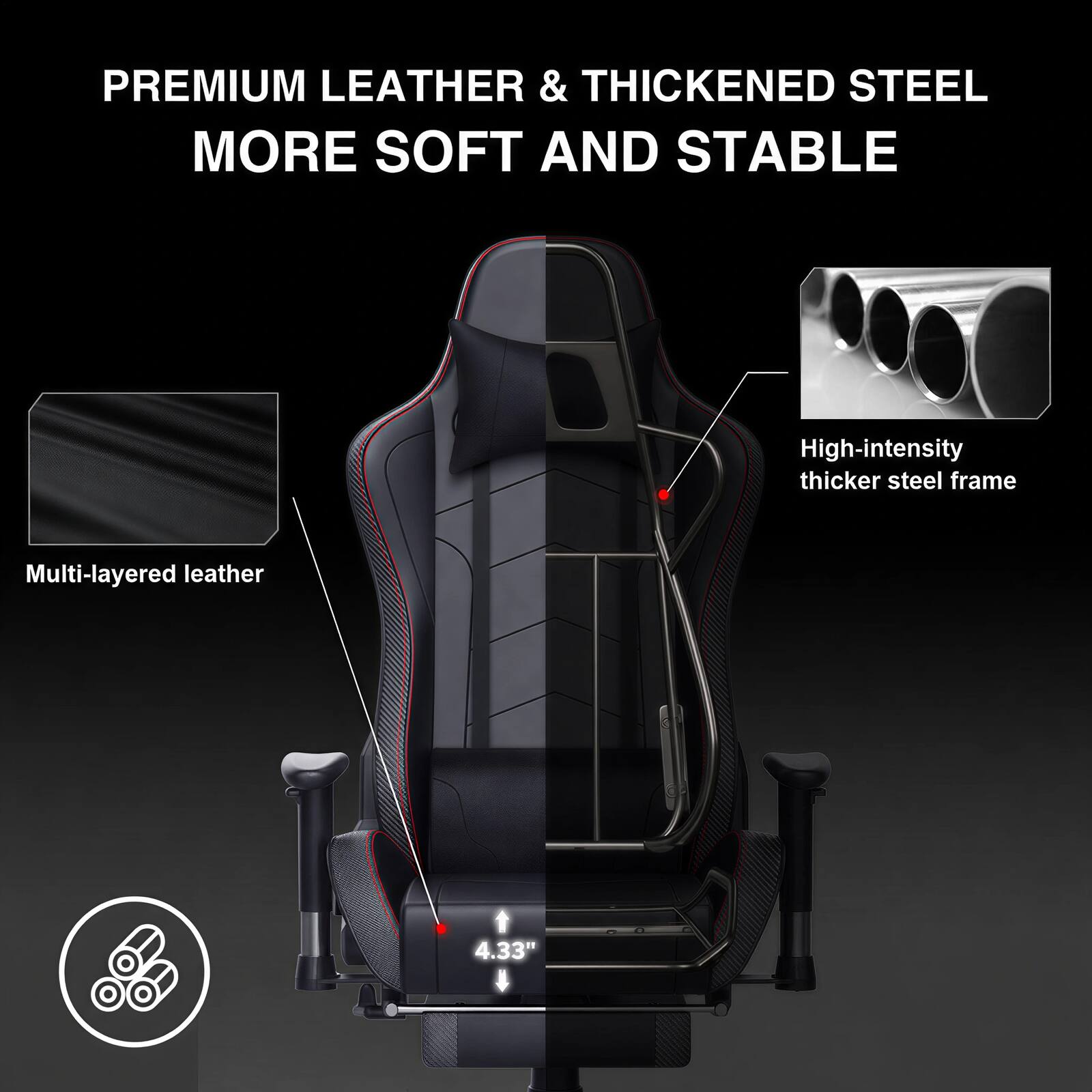 PREMIUM LEATHER & THICKENED STEEL MORE SOFT AND STABLE

High-intensity thicker steel frame

Multi-layered leather

4.33"