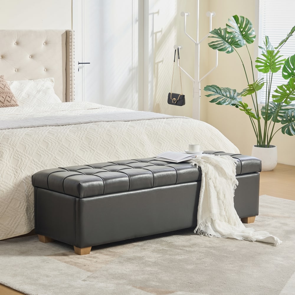 Ropilly - 60.2" Upholstered PU Storage Bench, Tufted Flip-Top Ottoman for Bedroom & Entryway - Gray