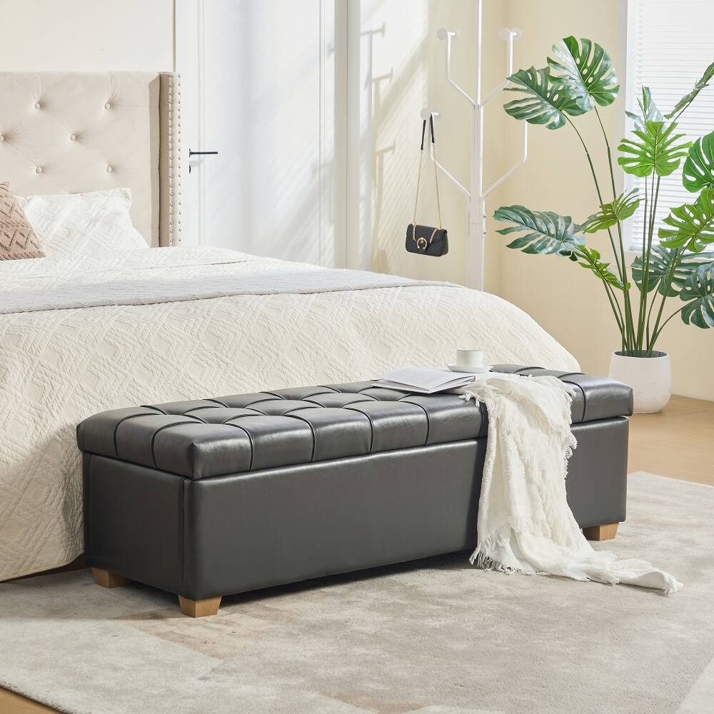 Front. Ropilly - Ropilly 60.2" Upholstered PU Storage Bench, Tufted Flip-Top Ottoman for Bedroom & Entryway, Gray - Gray.