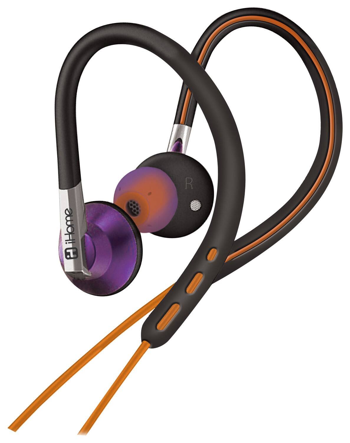 Angle Standard. iHome - 2-in-1 Ear-Hook/Earbud Headphones - Purple/Orange.