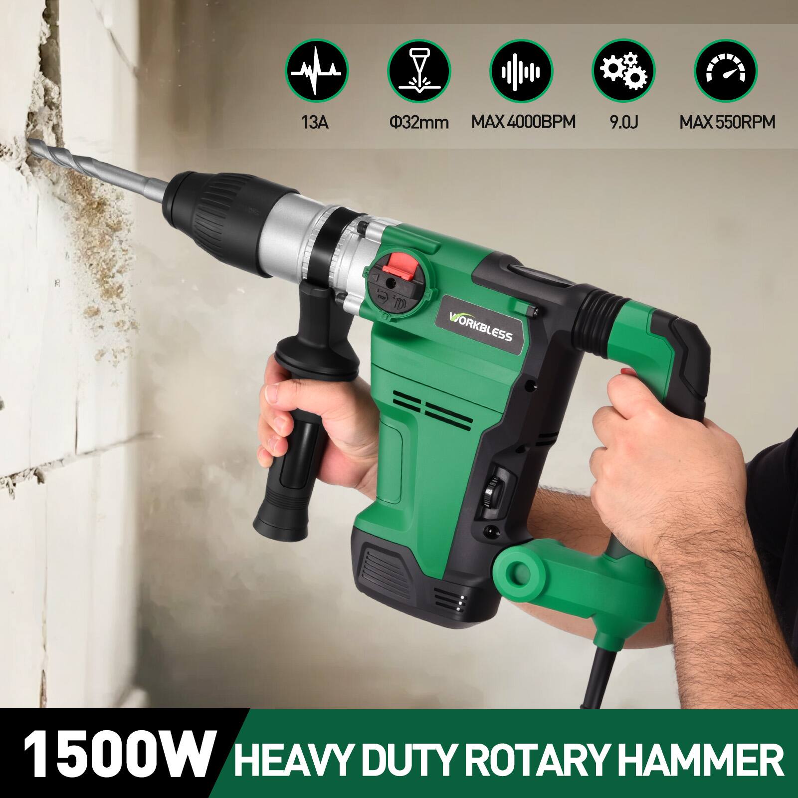 13A 32mm MAX 4000BPM 9.0J MAX 550RPM  
1500W HEAVY DUTY ROTARY HAMMER