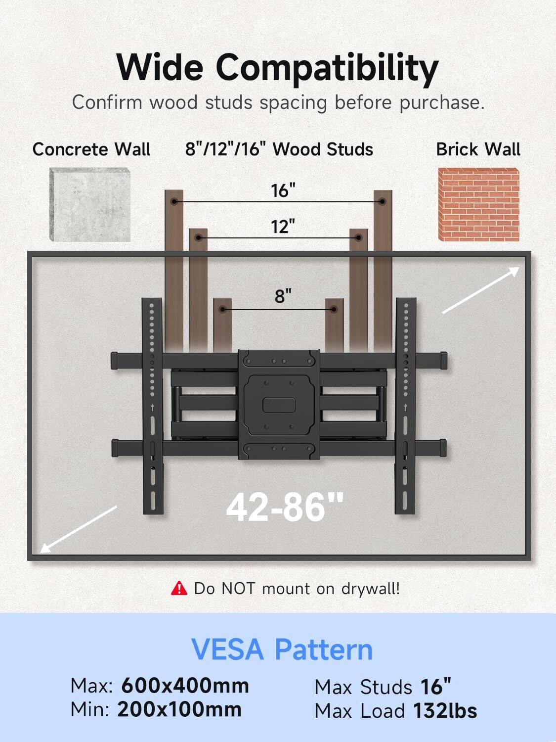 Wide Compatibility  
Confirm wood studs spacing before purchase.

Concrete Wall  
8"/12"/16"  
Wood Studs  
16"  
12"  
8"  
Brick Wall  
16"  
12"  
8"  
42-86"  

Do NOT mount on drywall!

VESA Pattern  
Max: 600x400mm  
Min: 200x100mm  
Max Studs 16"  
Max Load 132lbs