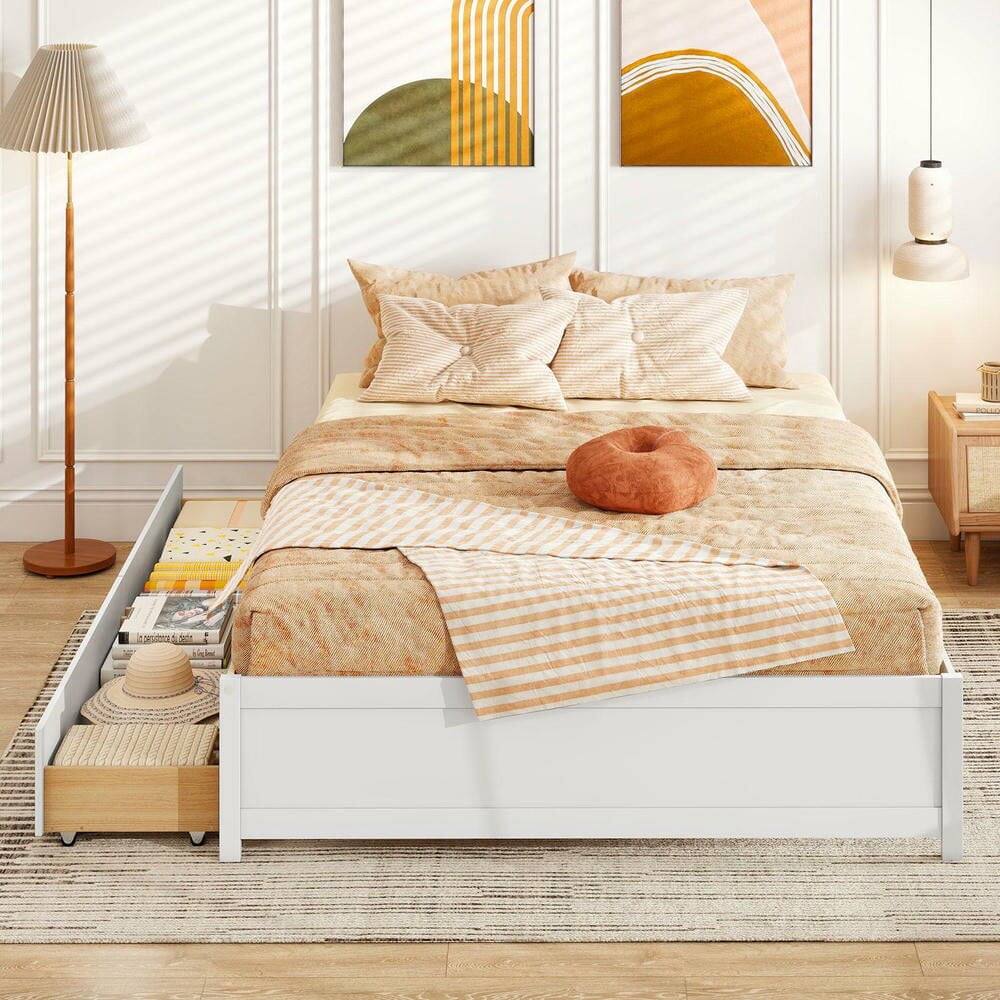Left. Kadyn - Queen Size Bed Frame with Two Convenient Rolling Storage Drawers, Provides Hidden Organization Space for Bedding - White.