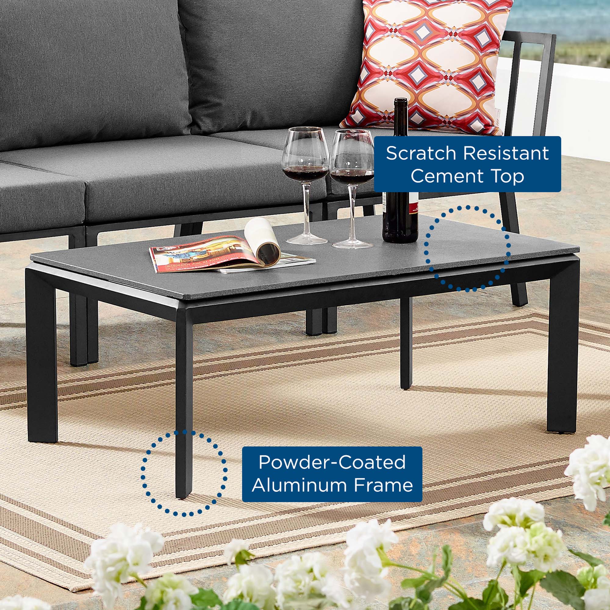 Scratch Resistant Cement Top  
Powder-Coated Aluminum Frame