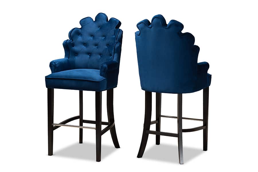 Baxton Studio - Chloe Modern and Contemporary Velvet Upholstered and Dark Brown Finished 2-Piece Bar Stool Set - Navy Blue/Dark Brown