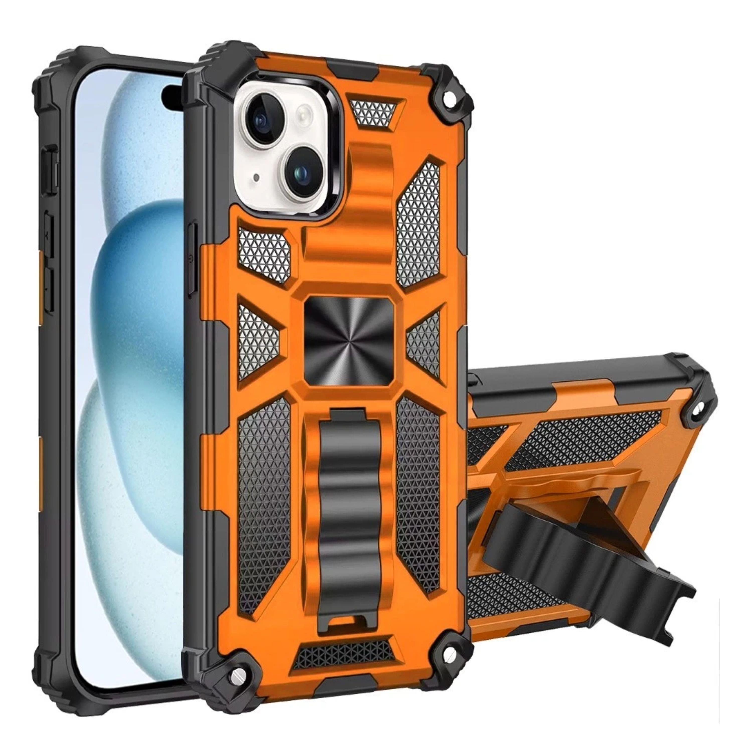 Kitcheniva - Shockproof Modern Stand Metal Plate Phone Case With 2 Pcs Tempered Glass For iPhone 15 Plus - Cosmic Orange