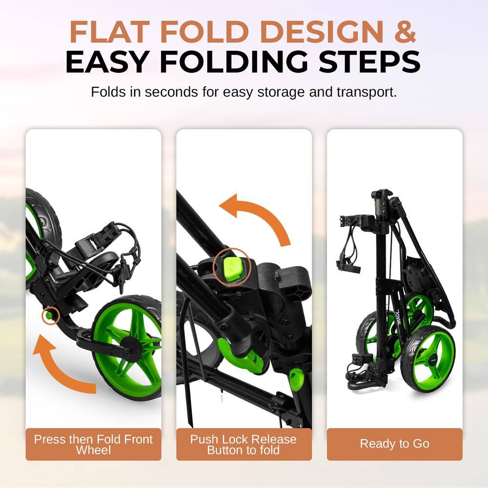 FLAT FOLD DESIGN & EASY FOLDING STEPS

Folds in seconds for easy storage and transport.

Press then Fold Front Wheel

Push Lock Release Button to fold

Ready to Go