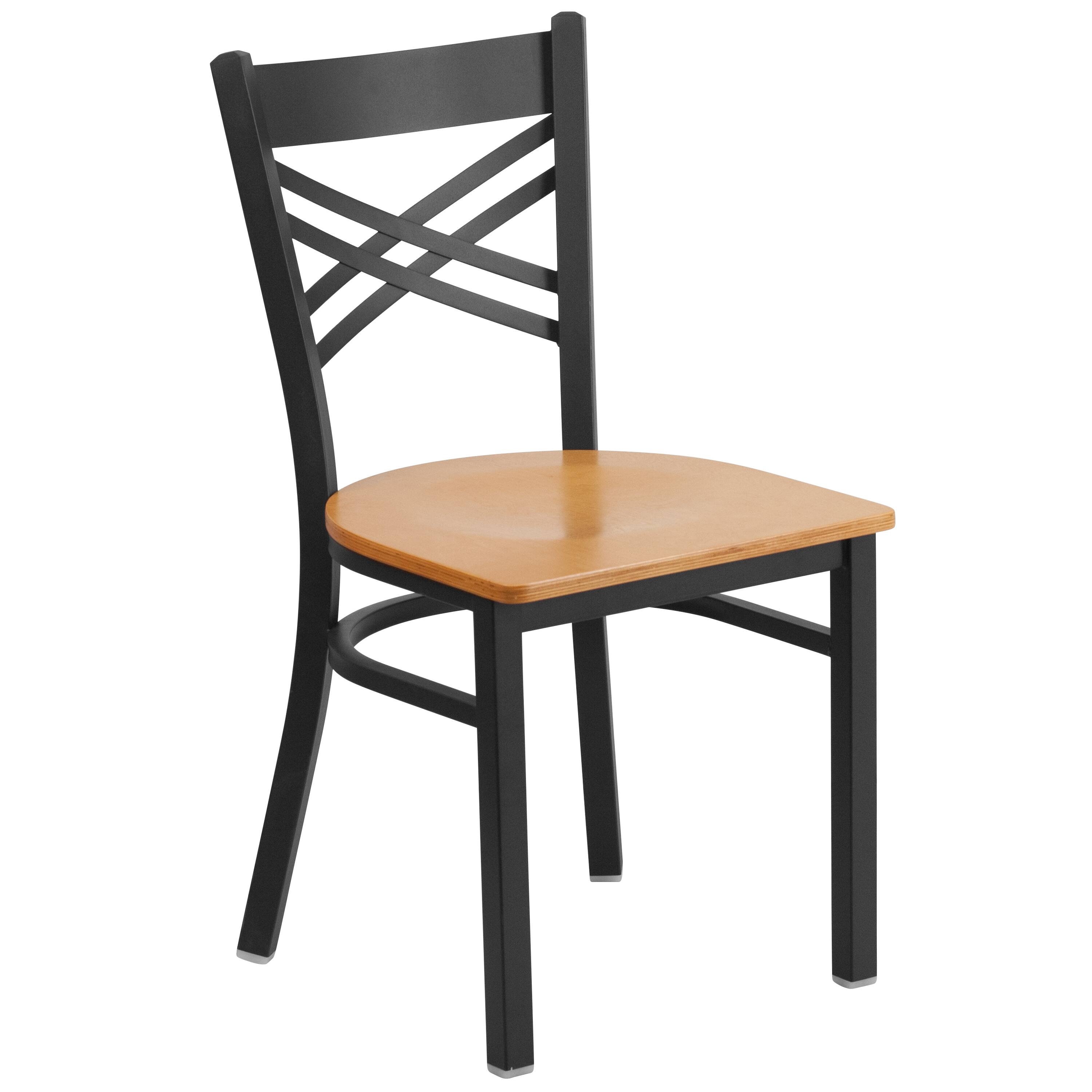 Front. Emma + Oliver - "X" Back Metal Restaurant Dining Chair - Natural Wood Seat/Black Metal Frame.