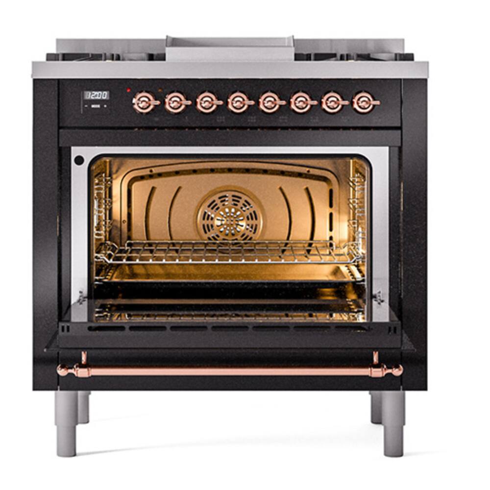 Alt View 4. ILVE - ILVE Nostalgie II Series 36 in. Dual Fuel Range with 6 Sealed Burners + Griddle (Natural Gas, Copper Trim) - Glossy Black.