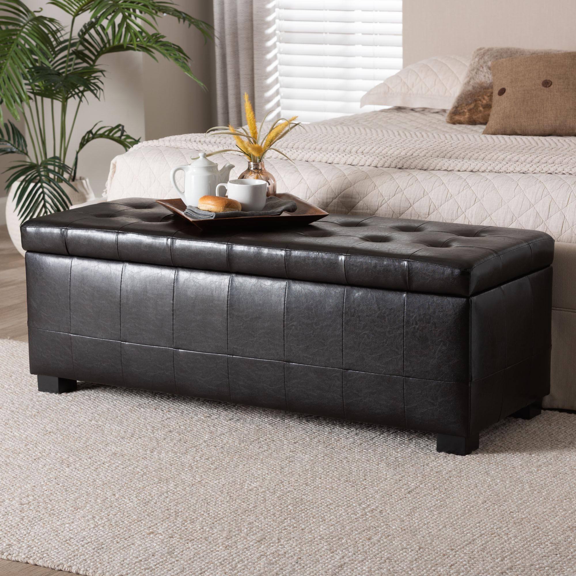 Alt View 5. Baxton Studio - Full Leather Storage Bench Ottoman With Dimples - Dark Brown.