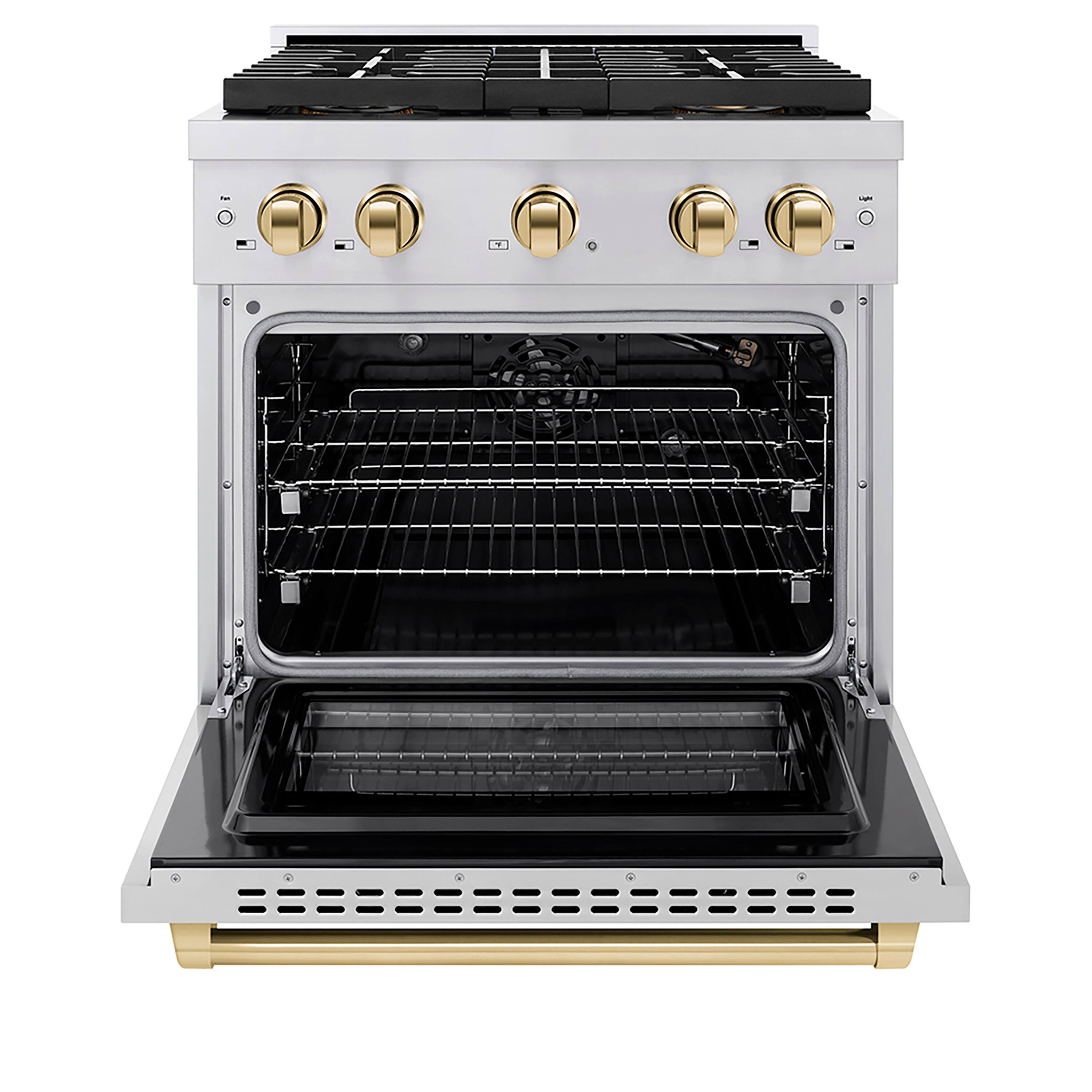 Angle. ZLINE - Autograph 30 in. 4.2 cu. ft. Freestanding Paramount Gas Range with DuoPro Cooktop in Stainless Steel w/ Gold Accents - Stainless Steel.