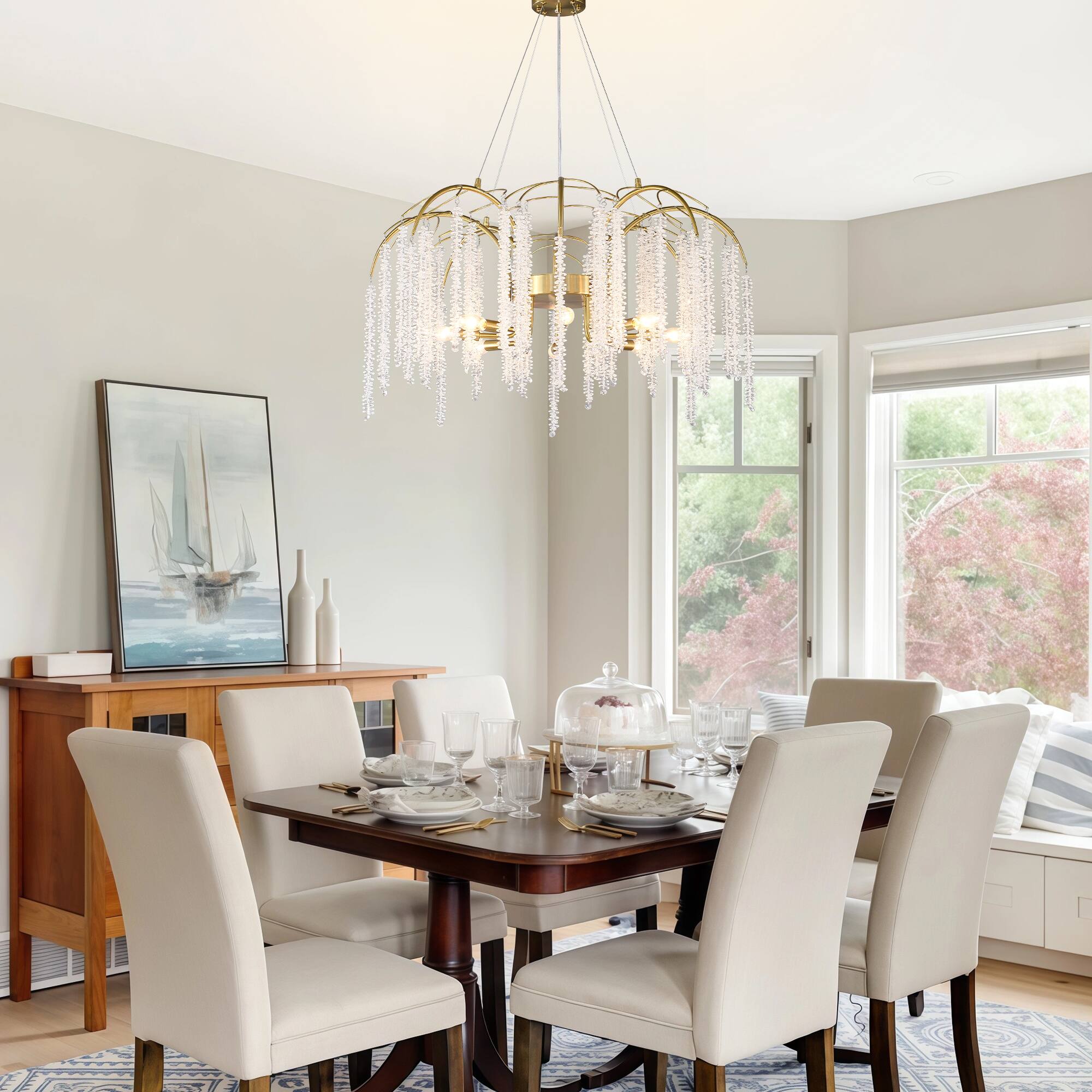 Left. RYHNUYNE - 31.5in Tassel Crystal Tree Branch Chandelier Gold Modern Pendant Light with 8 Lights Adjustable Height for High Ceiling.