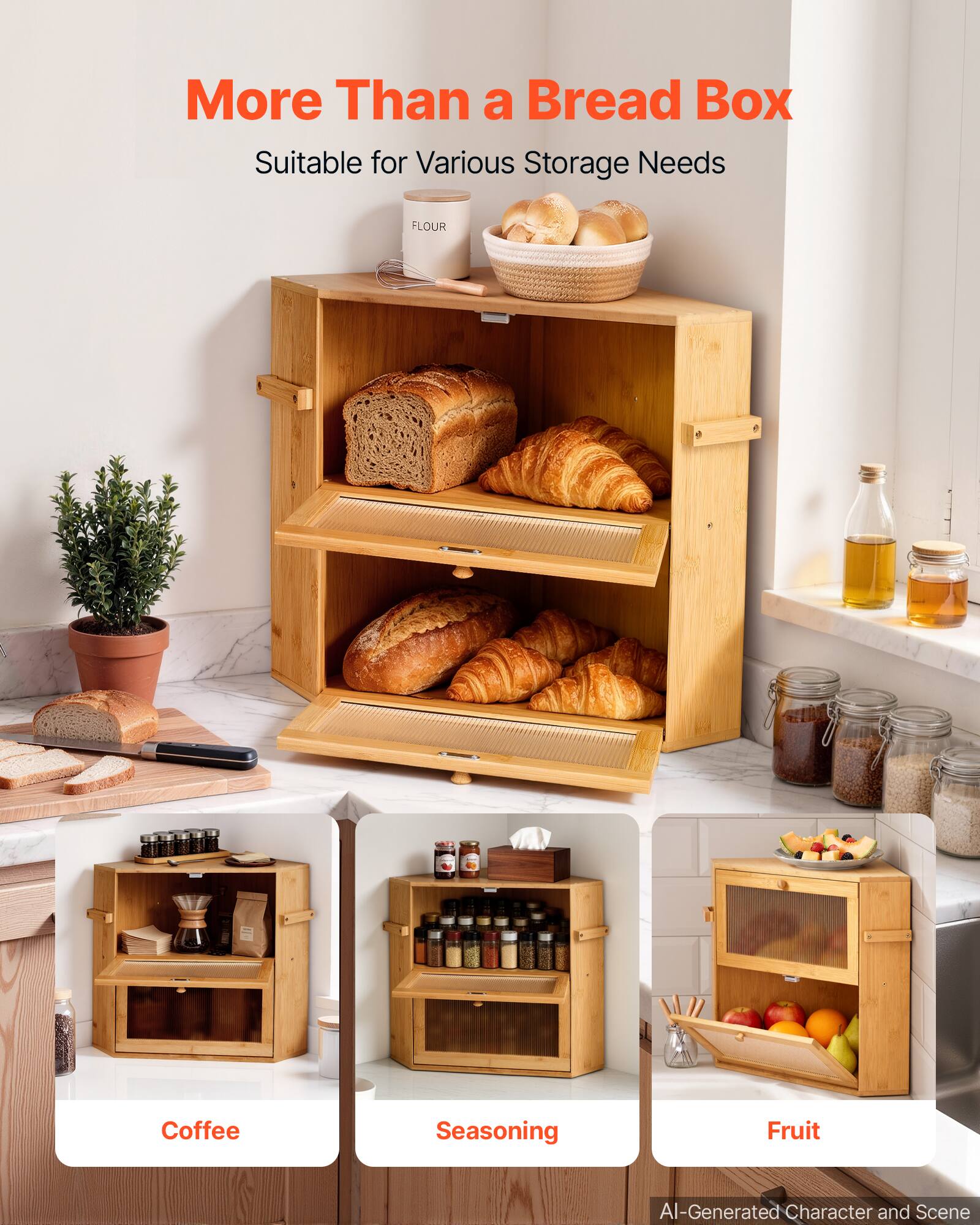 VEVOR Corner Bread Box for Kitchen Counter Bamboo Wood Container ...