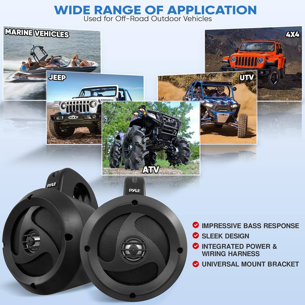 WIDE RANGE OF APPLICATION  
Used for Off-Road Outdoor Vehicles  

MARINE VEHICLES  
JEEP  
4X4  
UTV  
ATV  

IMPRESSIVE BASS RESPONSE  
SLEEK DESIGN  
INTEGRATED POWER & WIRING HARNESS  
UNIVERSAL MOUNT BRACKET