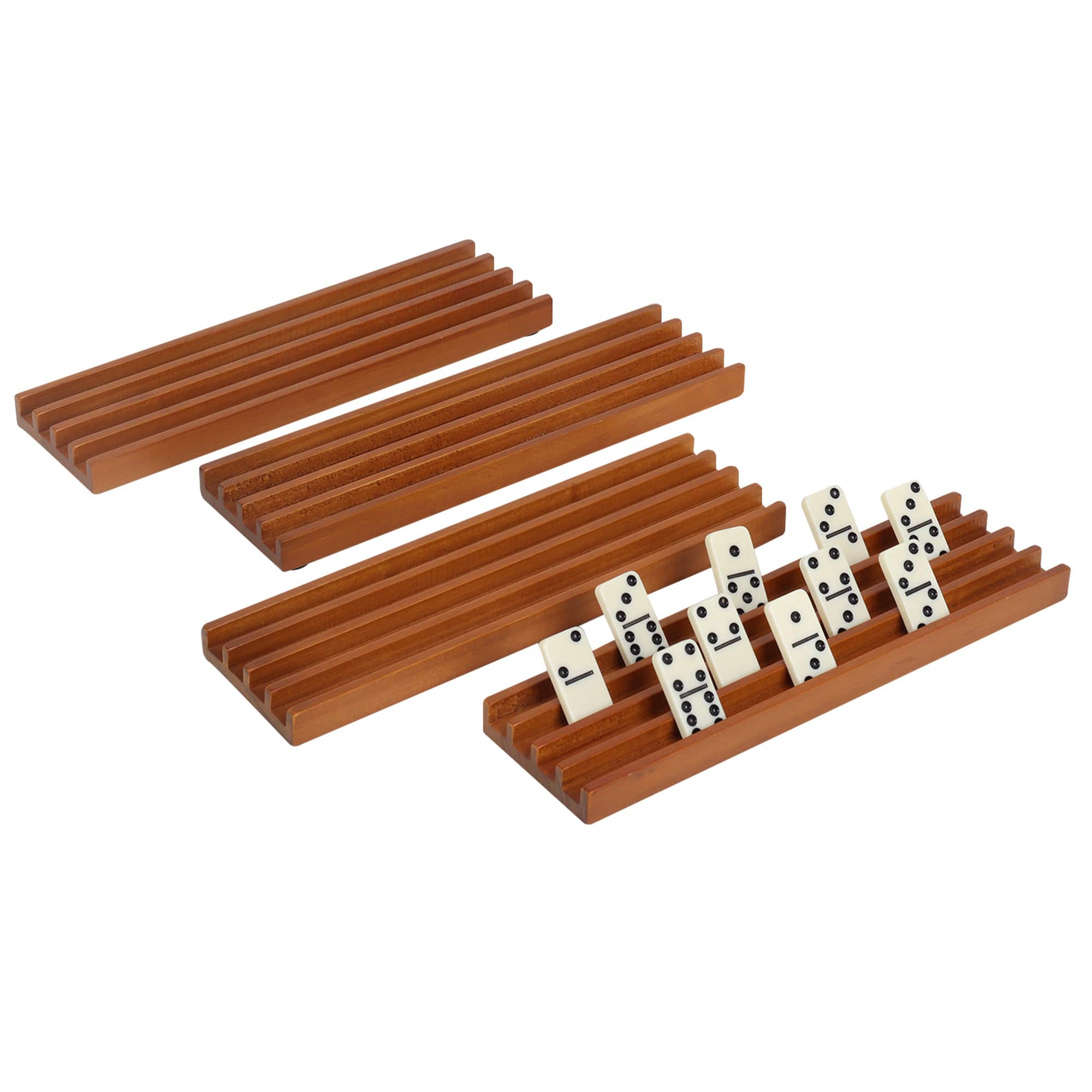 Front. GSE Games & Sports Expert - Domino Racks Set of 4, Wooden Domino Trays Holders Organizer, Premium Domino Tiles Holder Racks.
