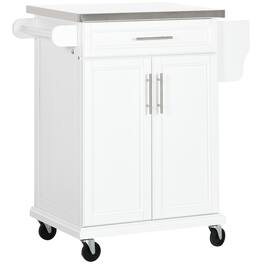 Homcom - Kitchen Island on Wheels, Rolling Kitchen Cart with Stainless Steel Countertop, Drawer, Towel Rack and Spice Rack - White