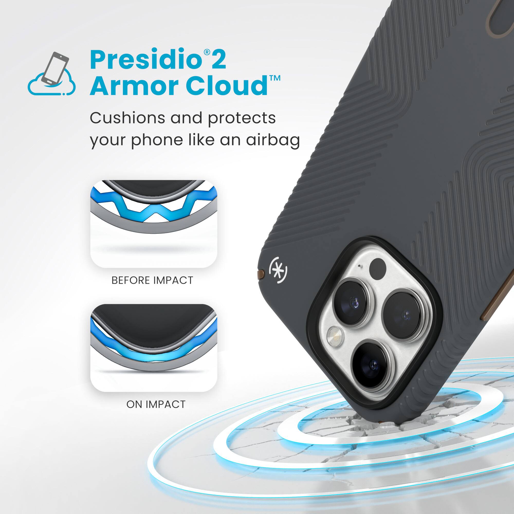 Presidio 2 Armor Cloud: Cushions and protects your phone like an airbag BEFORE IMPACT * ON IMPACT.