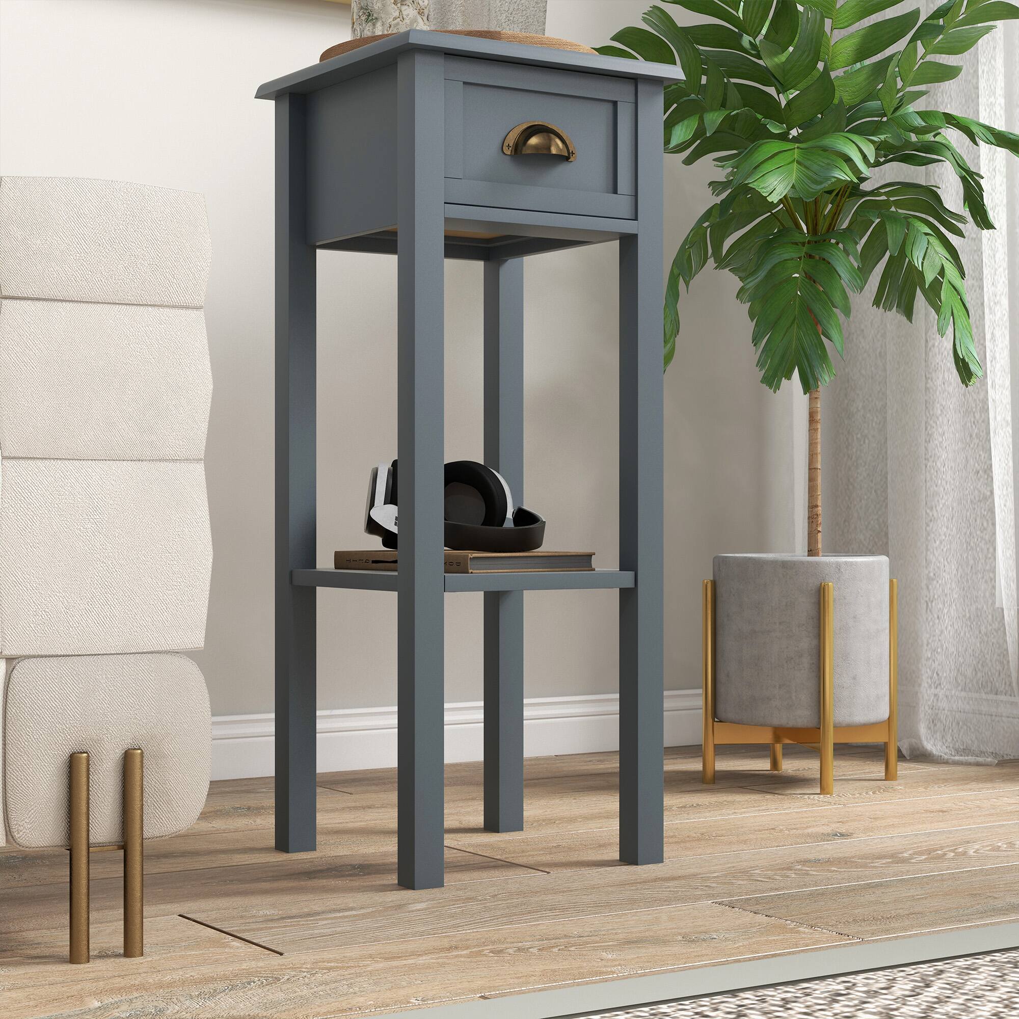 Alt View 8. Homcom - 2-Tier Side Table with Drawer, Narrow End Table with Bottom Shelf, for Living Room, Set of 2 - Grey.