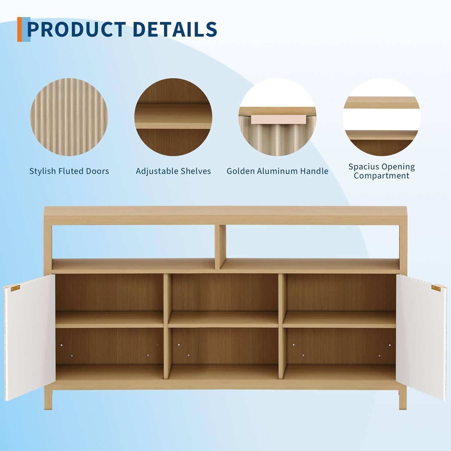 PRODUCT DETAILS

- Stylish Fluted Doors
- Adjustable Shelves
- Golden Aluminum Handle
- Spacious Opening Compartment