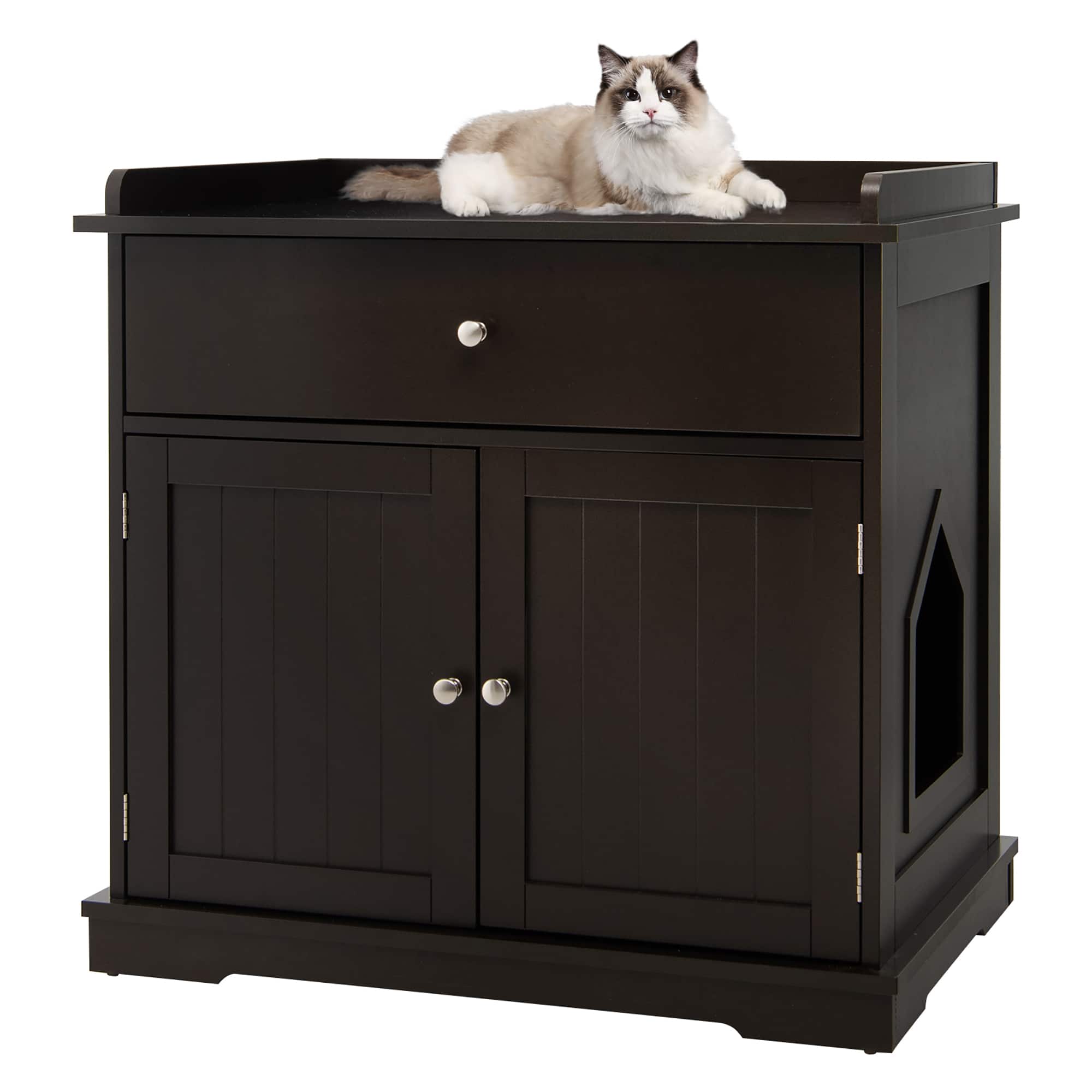 Gymax - Wooden Cat Litter Box Enclosure w/ Drawer Side Table Furniture - Coffee