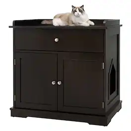 Gymax - Wooden Cat Litter Box Enclosure w/ Drawer Side Table Furniture - Coffee