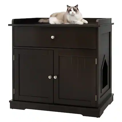 Front. Gymax - Gymax Wooden Cat Litter Box Enclosure w/ Drawer Side Table Furniture Coffee - Coffee.