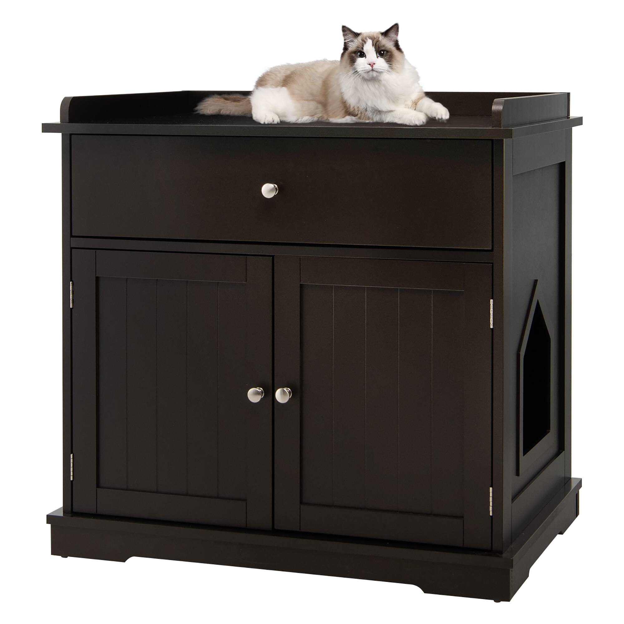 Gymax - Wooden Cat Litter Box Enclosure w/ Drawer Side Table Furniture - Coffee