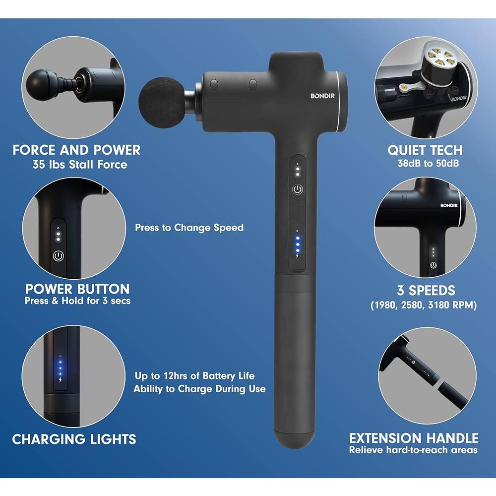 - **FORCE AND POWER**
  - 35 lbs Stall Force

- **QUIET TECH**
  - 38dB to 50dB

- **POWER BUTTON**
  - Press & Hold for 3 secs

- **3 SPEEDS**
  - (1980, 2580, 3180 RPM)

- **CHARGING LIGHTS**
  - Up to 12hrs of Battery Life
  - Ability to Charge During Use

- **EXTENSION HANDLE**
  - Relieve hard-to-reach areas

- **Press to Change Speed**