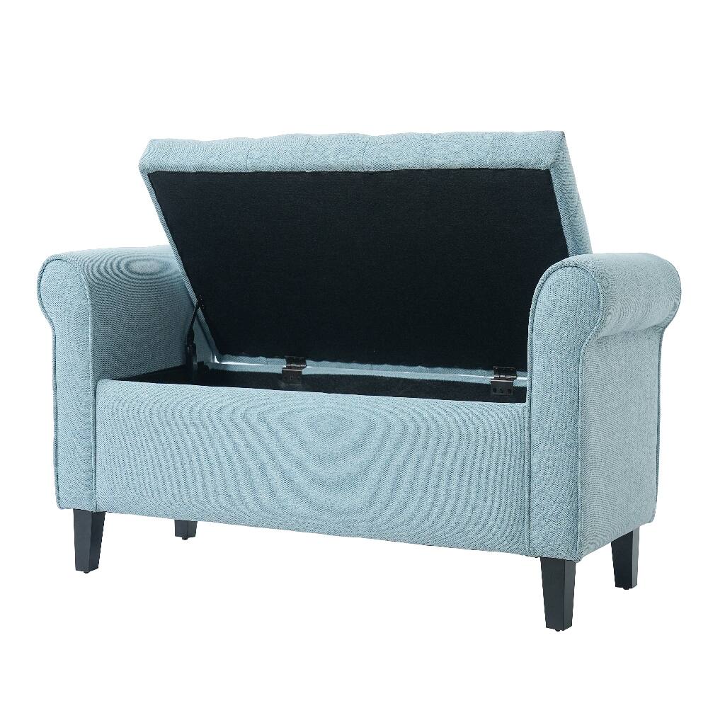 Back. Ropilly - Ropilly Light Blue Tufted Fabric Storage Bench with Rolled Arms for Bedroom Entryway - Light Blue.