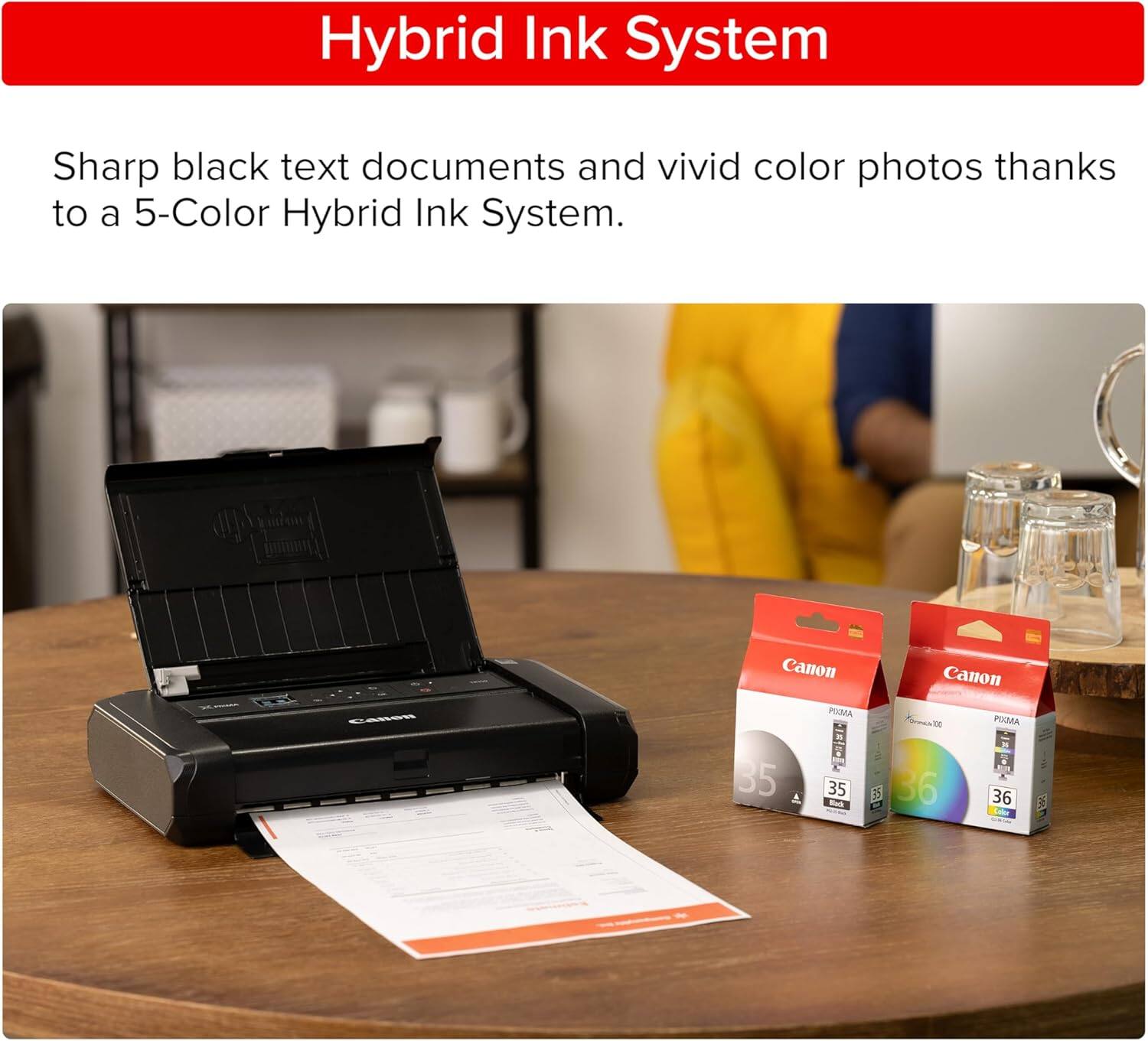 Hybrid Ink System

Sharp black text documents and vivid color photos thanks to a 5-Color Hybrid Ink System.
