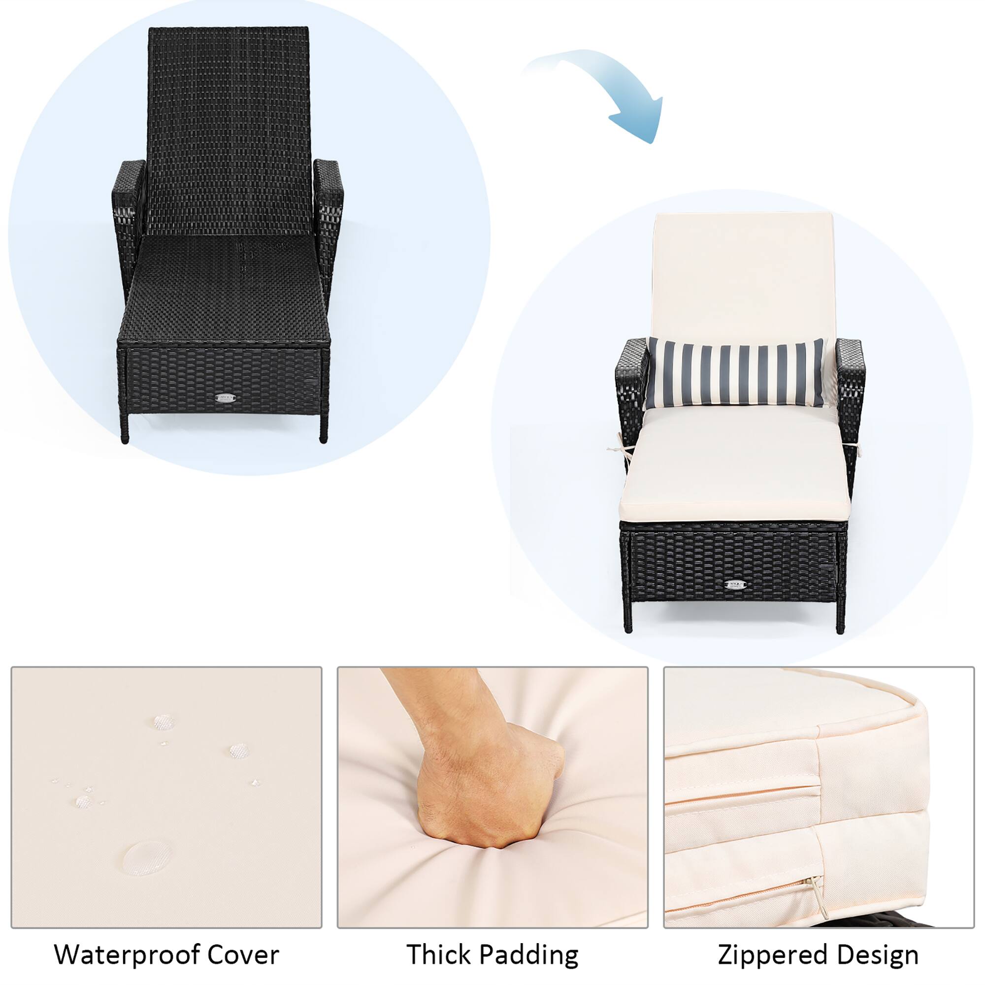 The image shows a chair with a waterproof cover on it, which is designed to protect the chair from water damage. The cover is thick, providing extra padding and comfort. The chair also features a zippered design, which allows for easy access and removal of the cover when needed.