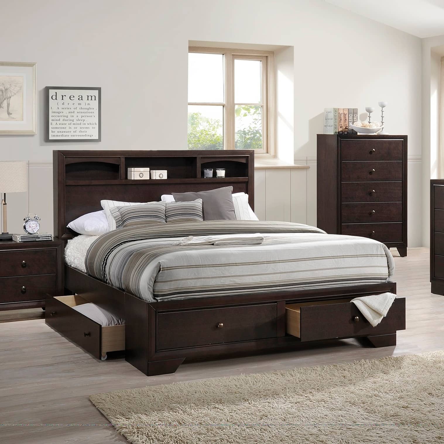 Tiramisubest - Eastern King Size Brown Plywood Bed with Drawers & Bookshelves Headboard - Brown Mix