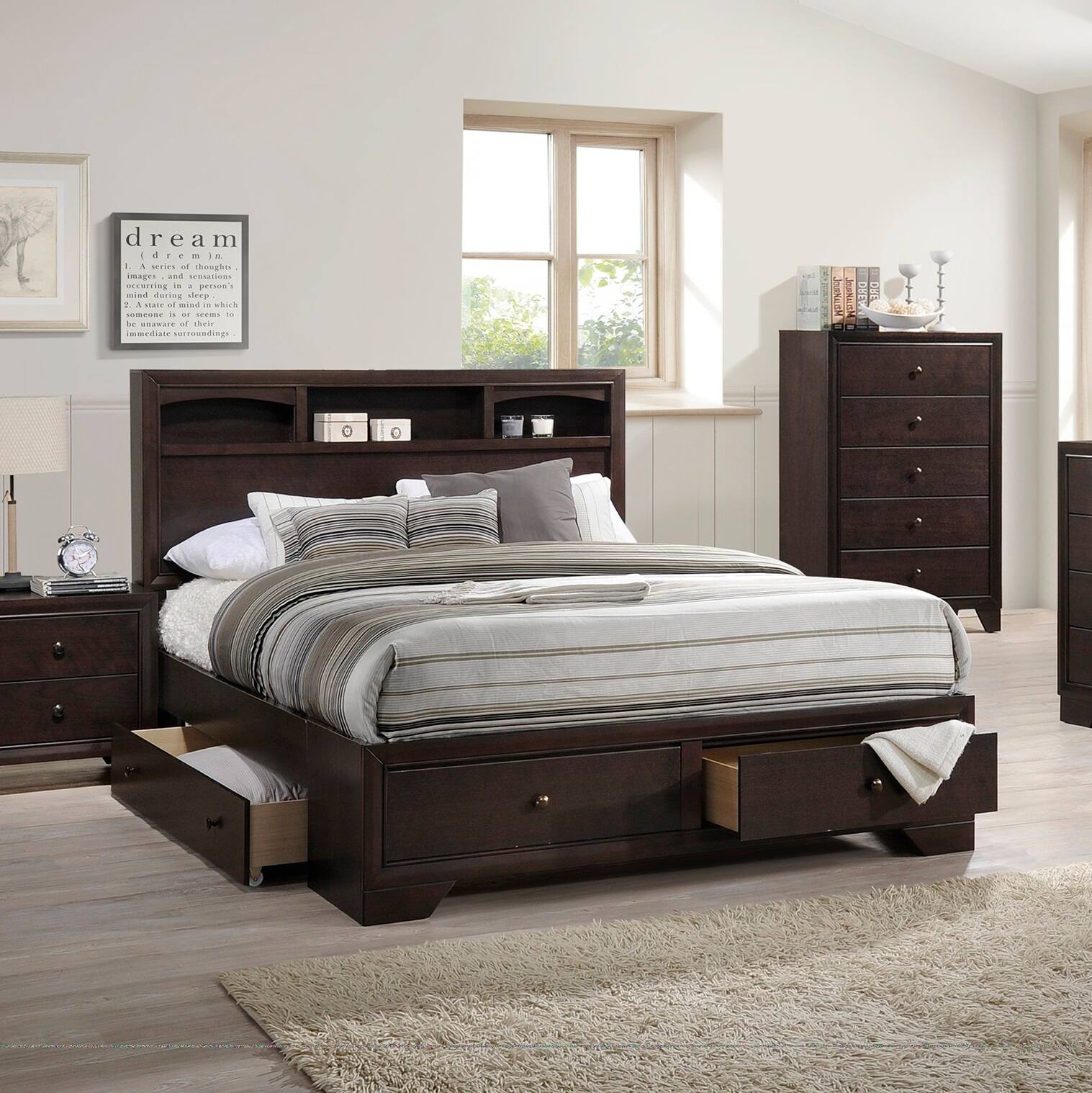 Tiramisubest - Eastern King Size Brown Plywood Bed with Drawers & Bookshelves Headboard - Brown Mix